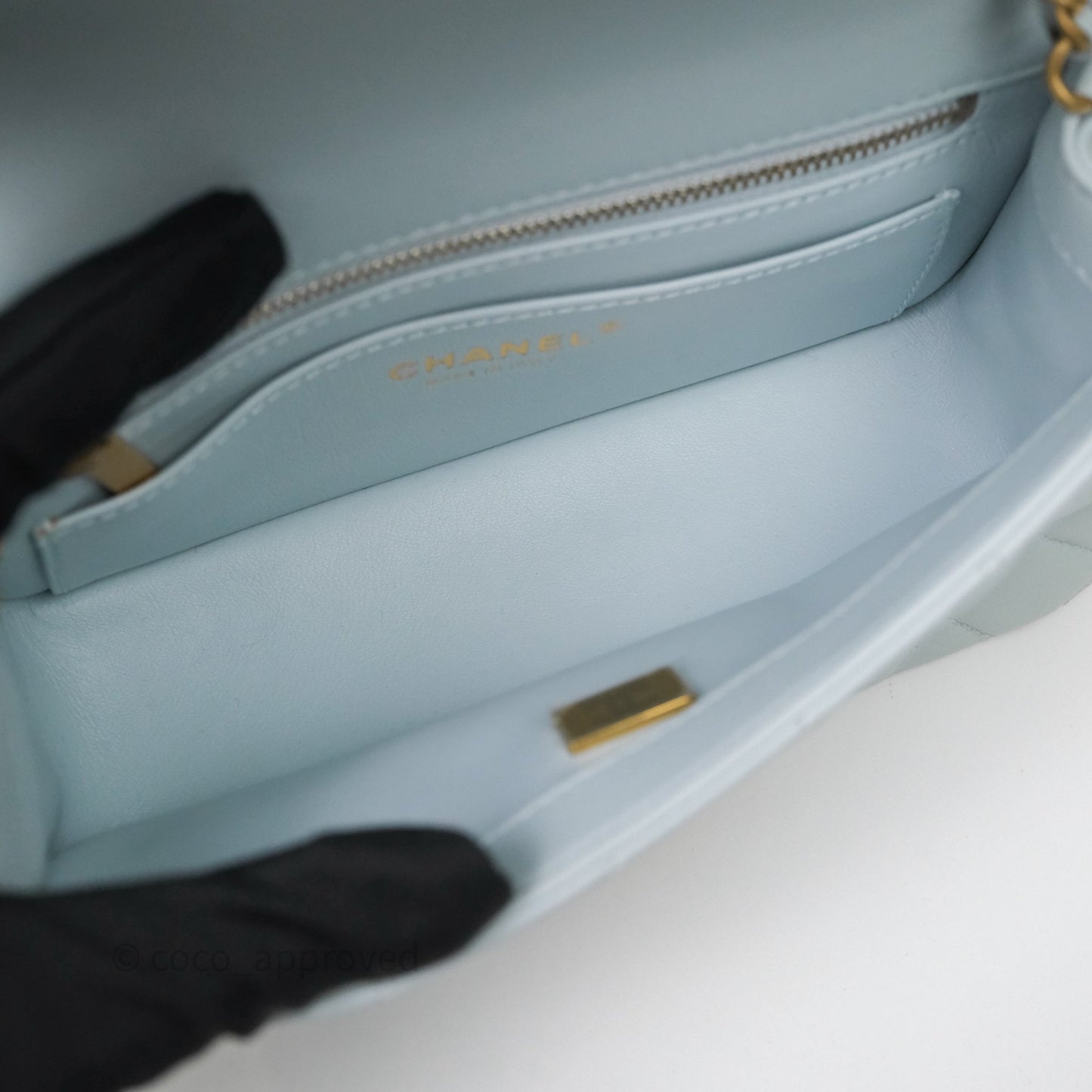 Chanel Pearl Crush Mini Rectangular Light Blue Lambskin Aged Gold Hardware