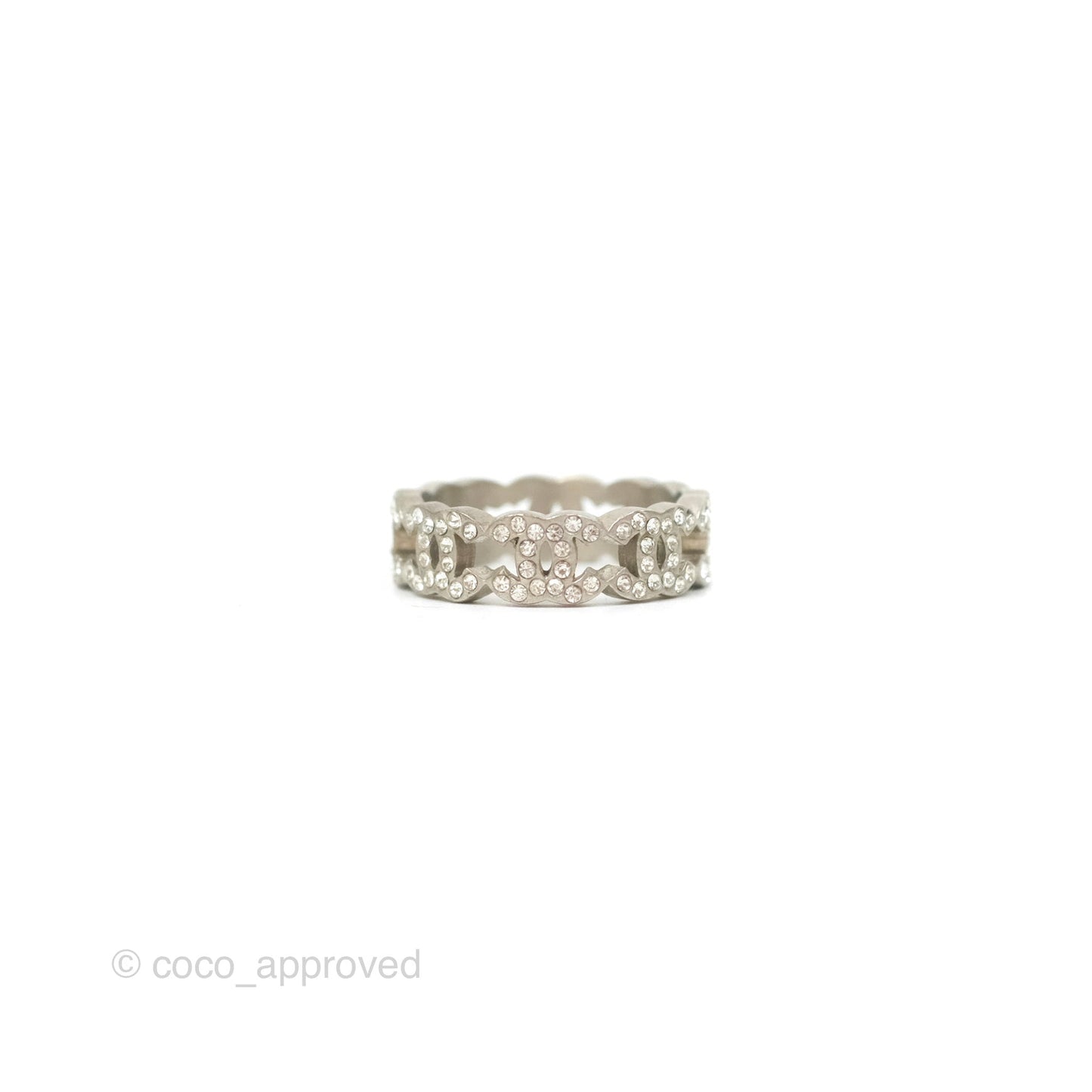 Chanel CC Crystal Ring Brushed Silver Tone