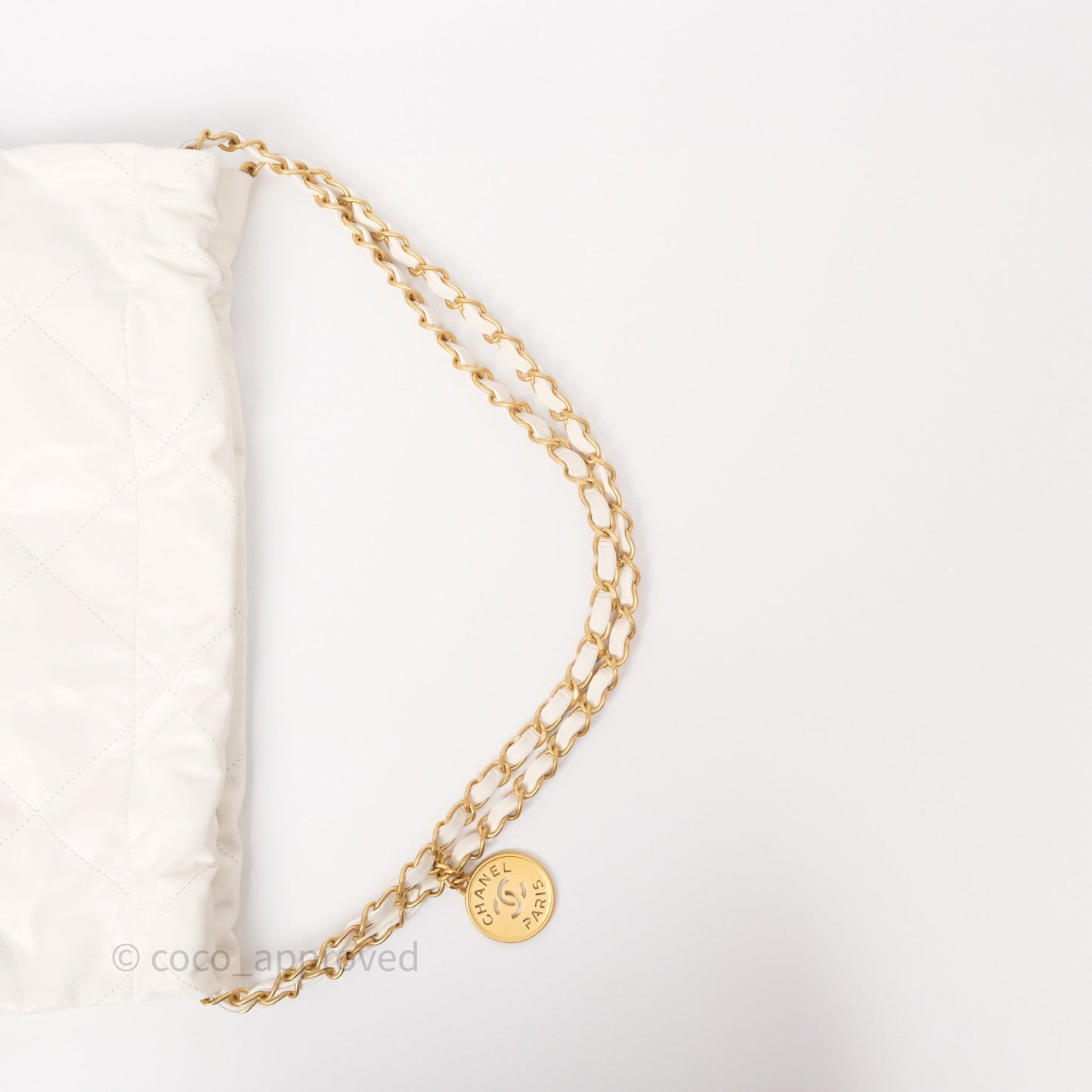 Chanel 22 Small White Aged Calfskin Black Logo Aged Gold Hardware