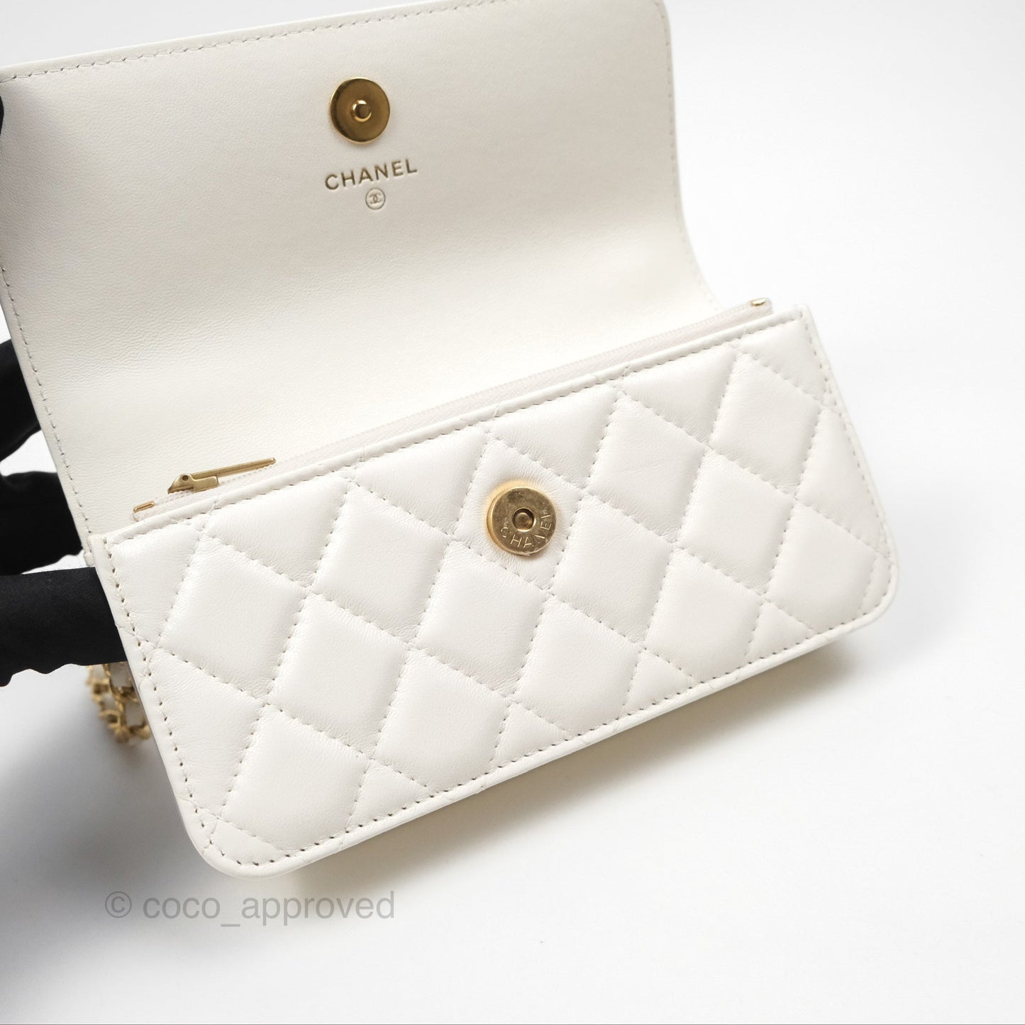 Chanel Dynasty Phone Holder with Chain White Ivory Lambskin Aged Gold Hardware