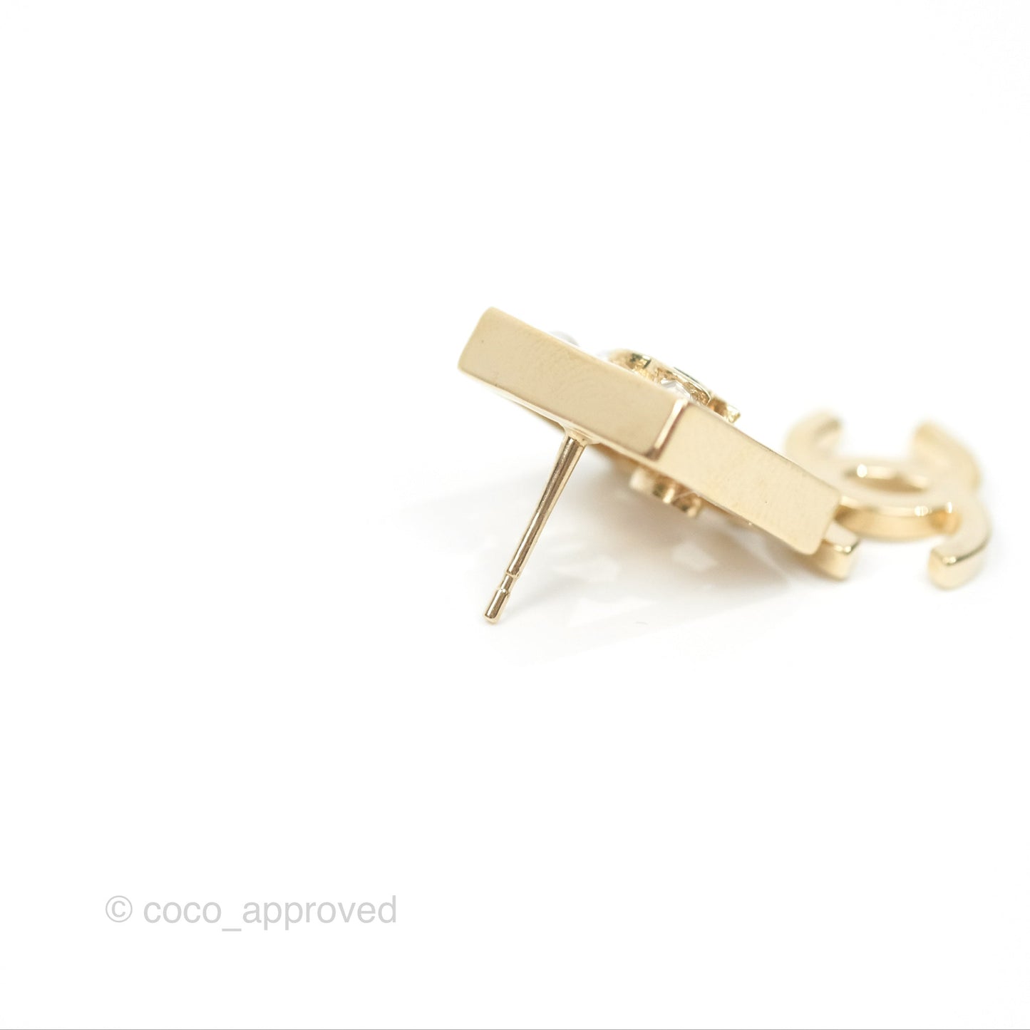Chanel Square Crystal Pearl CC Drop Earrings Gold Tone 22C