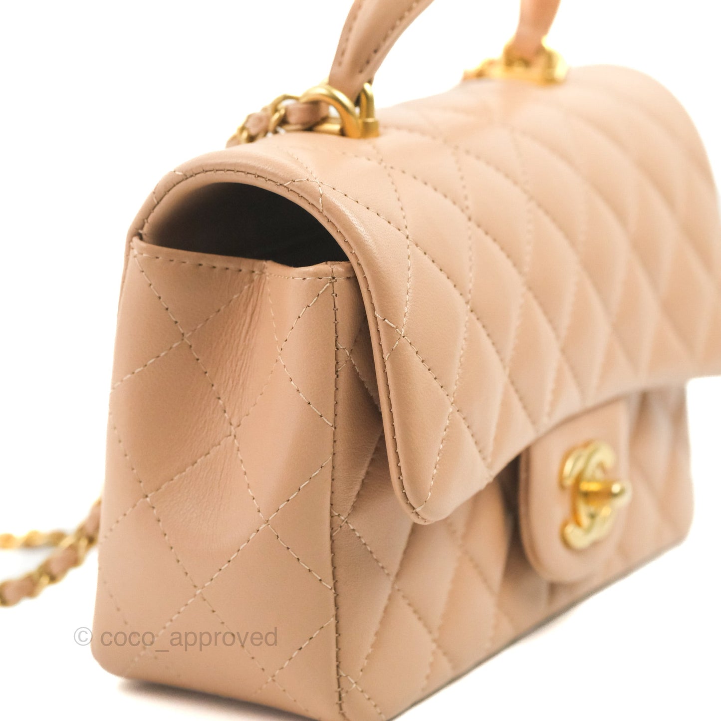 Chanel Top Handle Mini Rectangular Flap Bag Beige Lambskin Gold Hardware
