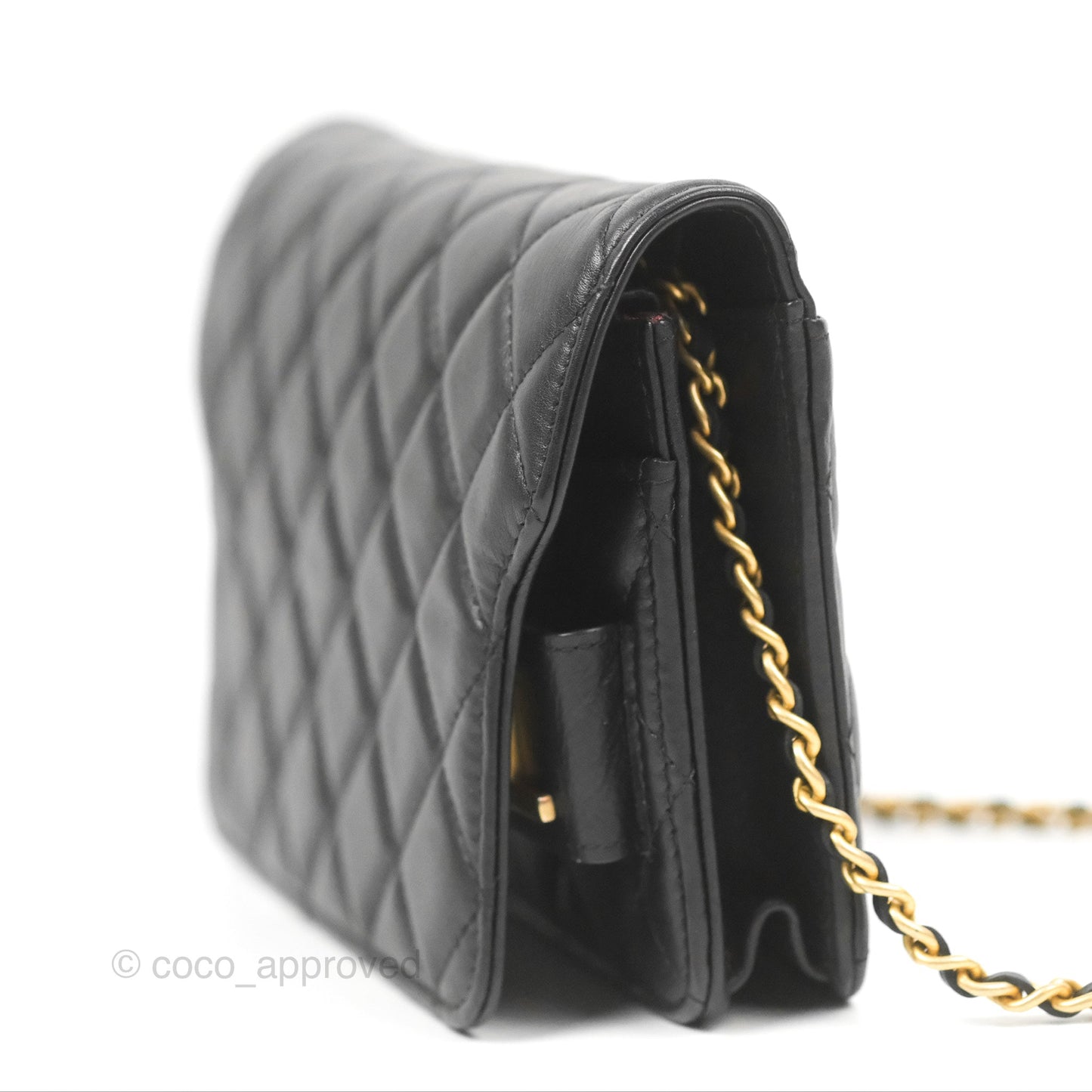 Chanel Logo Enchained Wallet On Chain WOC Black Calfskin Gold Hardware