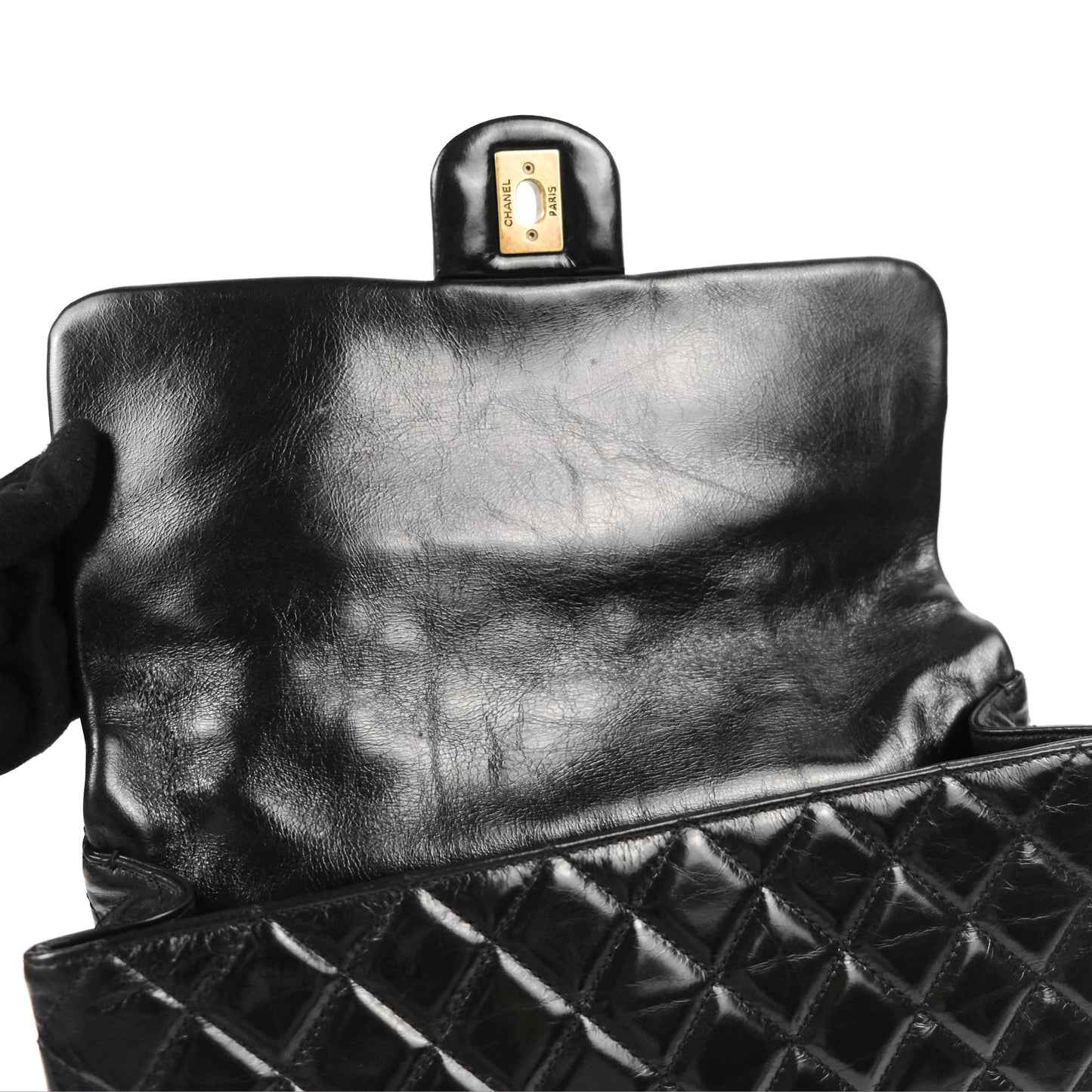 Chanel Large Castle Rock Flap Bag Black Glazed Aged Calfskin Burgundy Handle