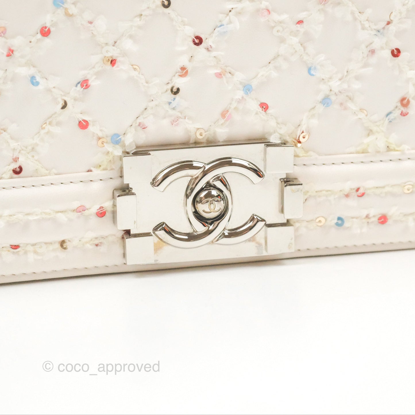 Chanel Medium Boy Sequins Quilted White Lambskin Silver Hardware