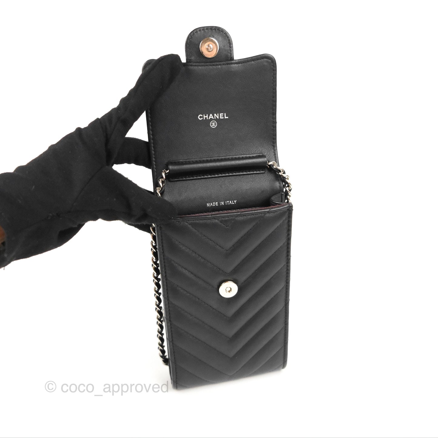 Chanel Classic Chevron Phone Holder Black Calfskin Silver Hardware