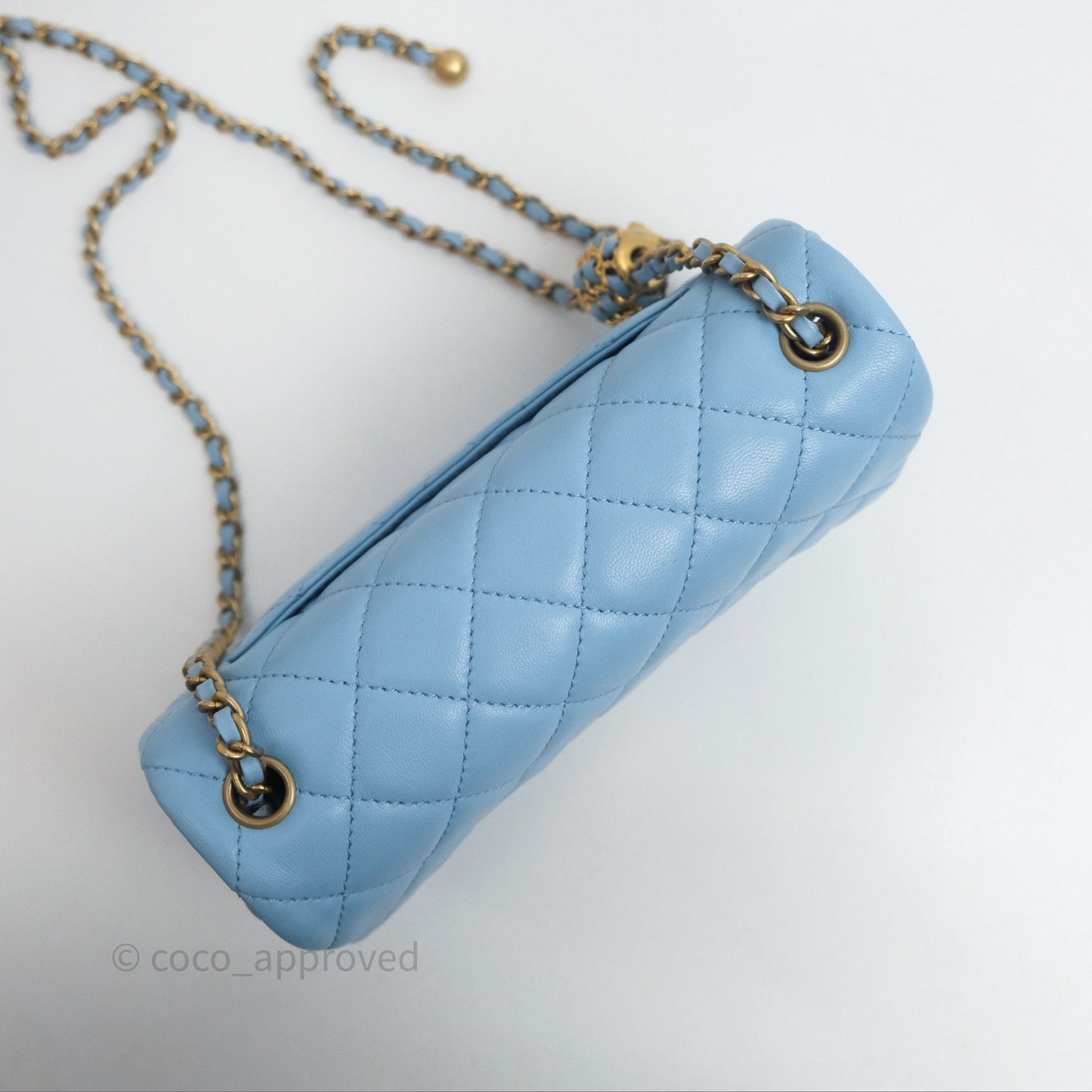 Chanel Mini Rectangular Pearl Crush Quilted Blue Lambskin Aged Gold Hardware