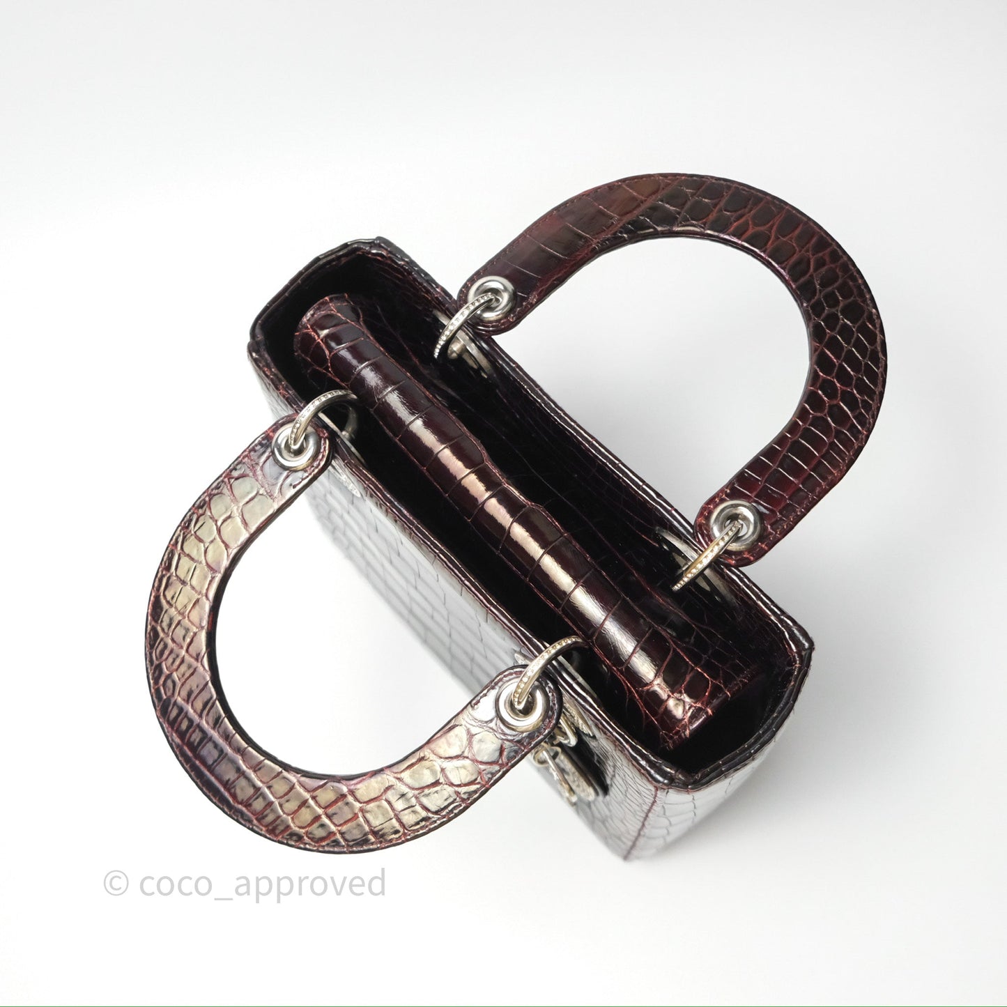 Christian Dior Small Lady Dior Shiny Crocodile Burgundy Diamond Hardware