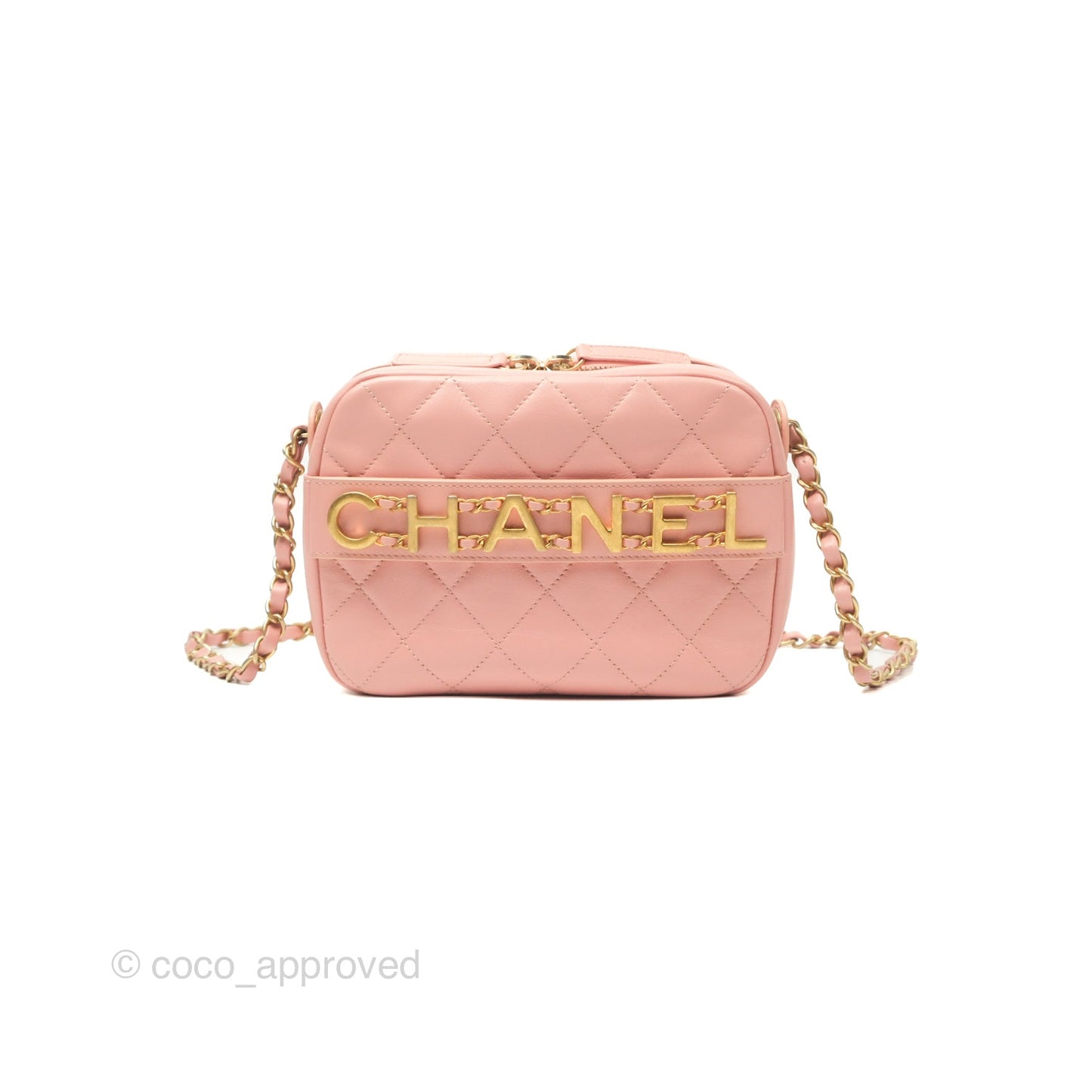 Chanel Logo Enchained Camera Bag Pink Calfskin Aged Gold Hardware