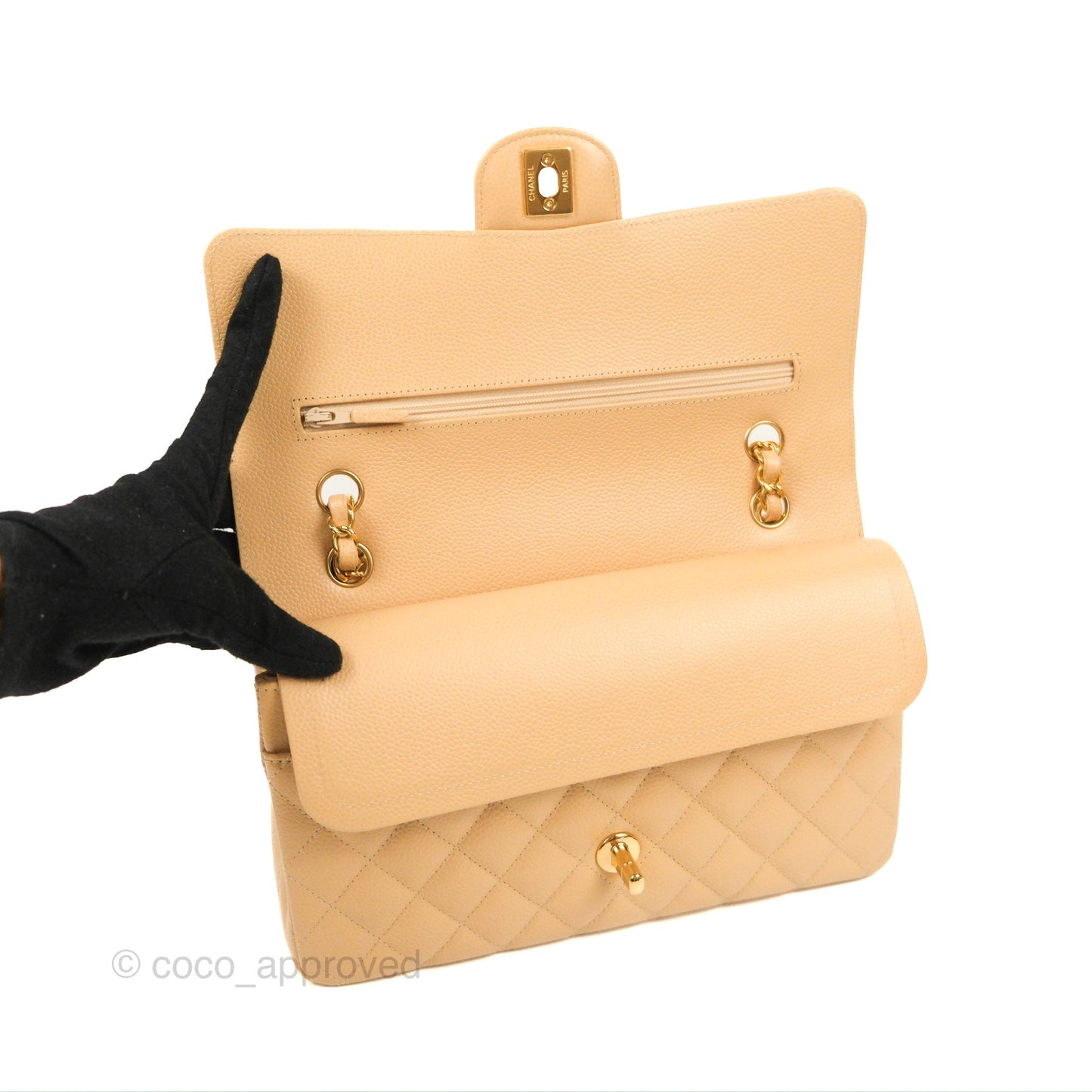 Chanel Classic M/L Medium Flap Quilted Beige Caviar Gold Hardware
