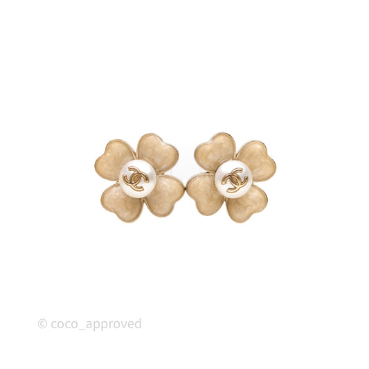 Chanel CC Pearl Flower Earrings Gold Tone