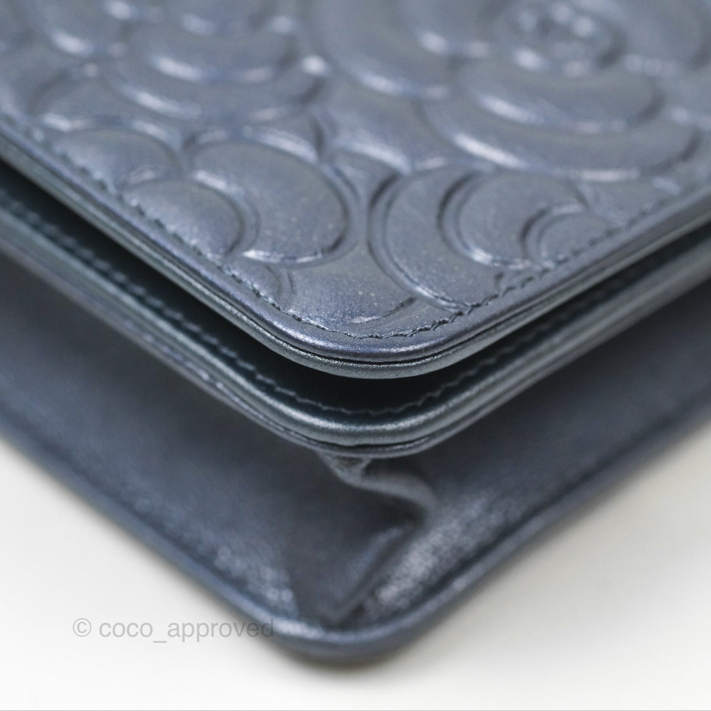 Chanel Camellia Wallet on Chain WOC Iridescent Navy Calfskin Silver Hardware
