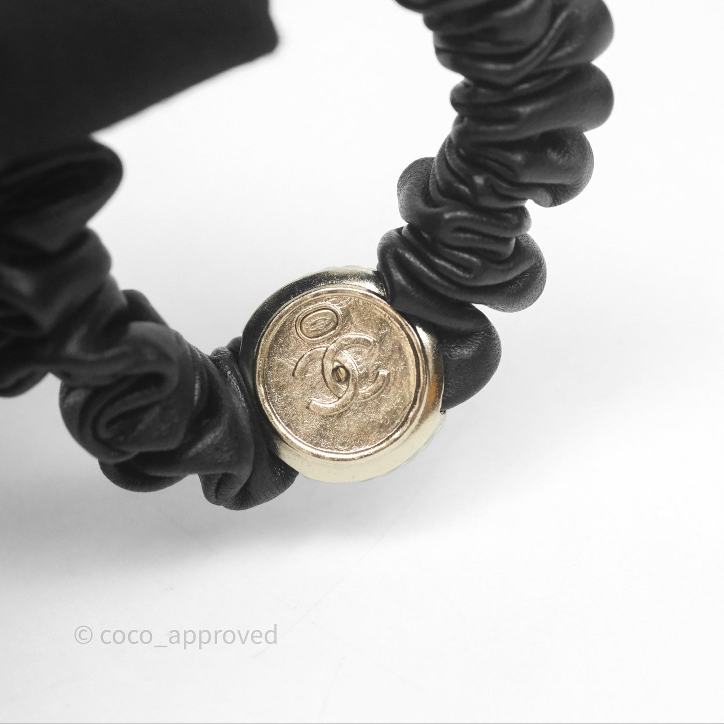 Chanel CC Black Leather Scrunchie Hair Accessory Gold Tone 22P