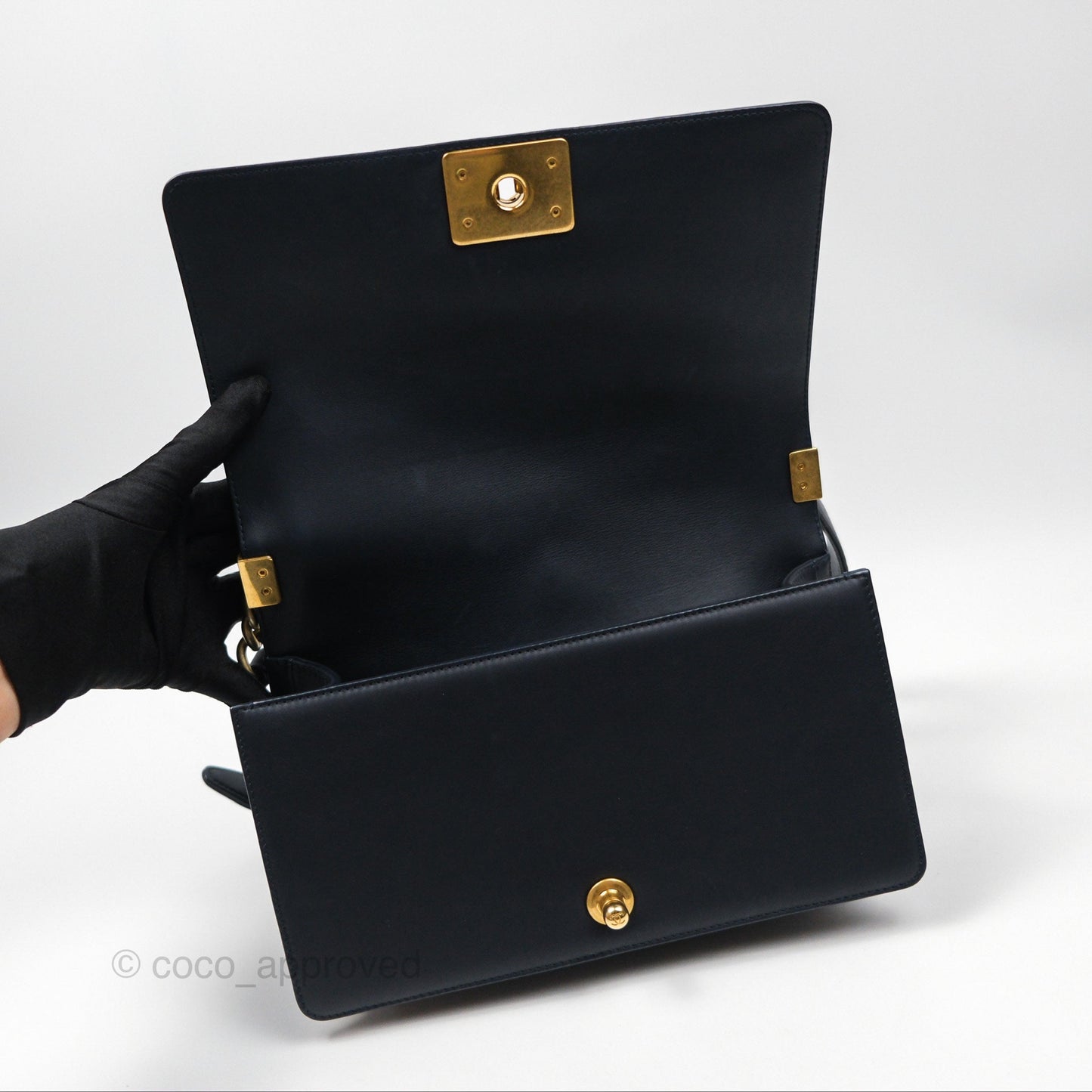 Chanel Medium Boy Chevron Navy Caviar/ Calfskin/ Suede Aged Gold Hardware