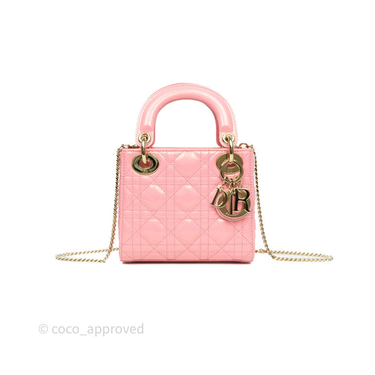 Dior Mini Lady Dior Pink Pearlescent Patent Cannage Gold Hardware