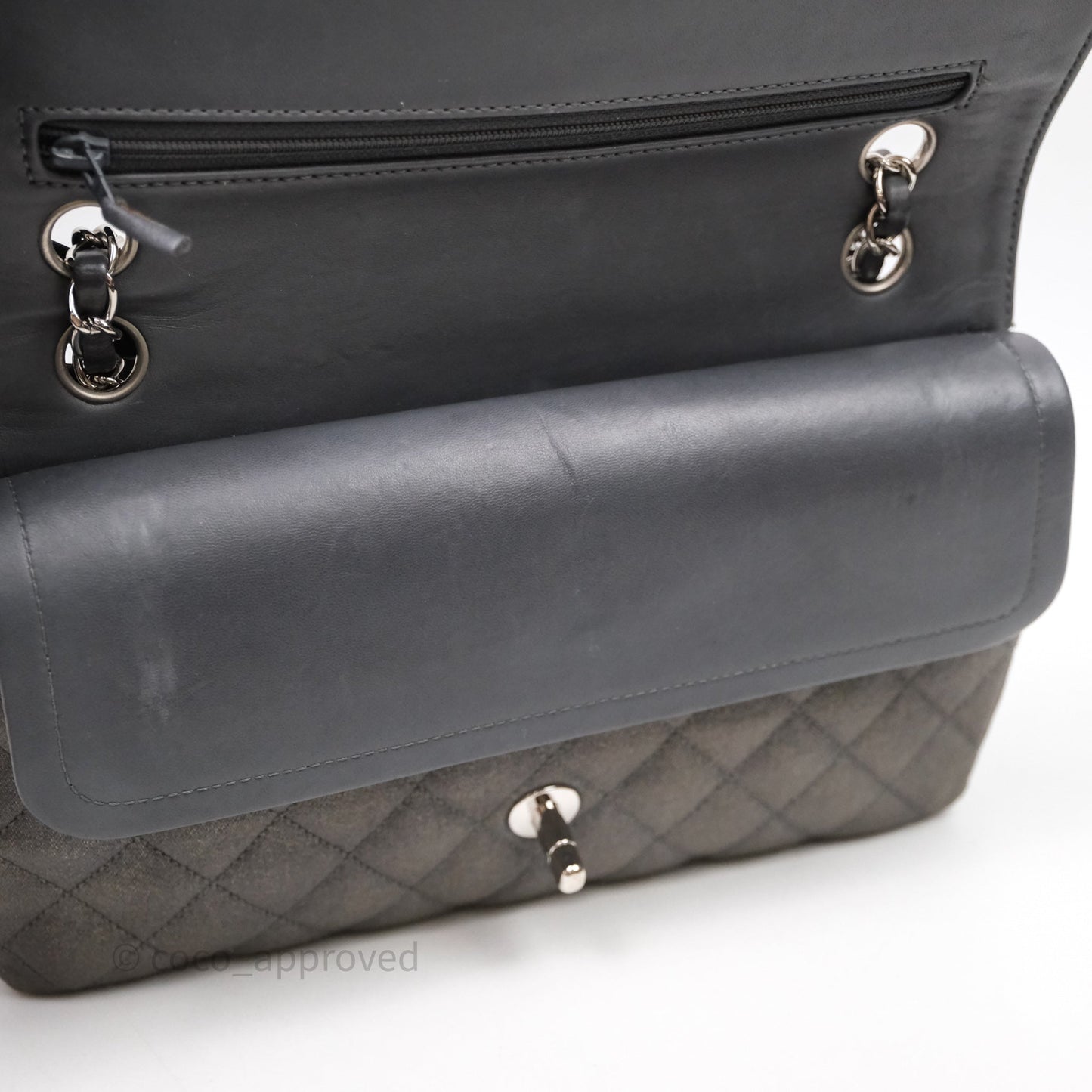 Chanel Classic M/L Medium Flap Quilted Iridescent Metallic Grey Canvas Silver Hardware