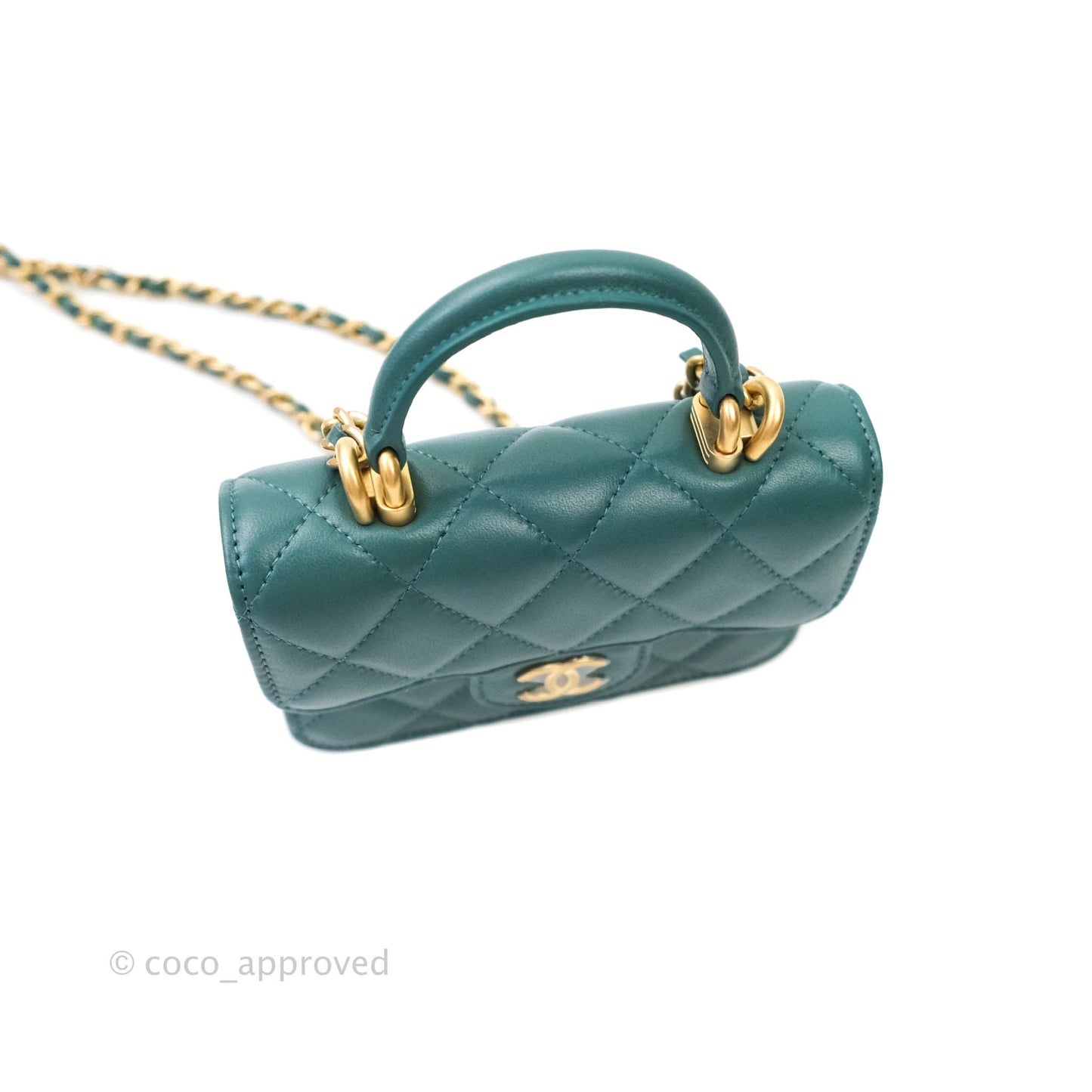 Chanel Flap Coin Purse With Chain Green Lambskin Aged Gold Hardware