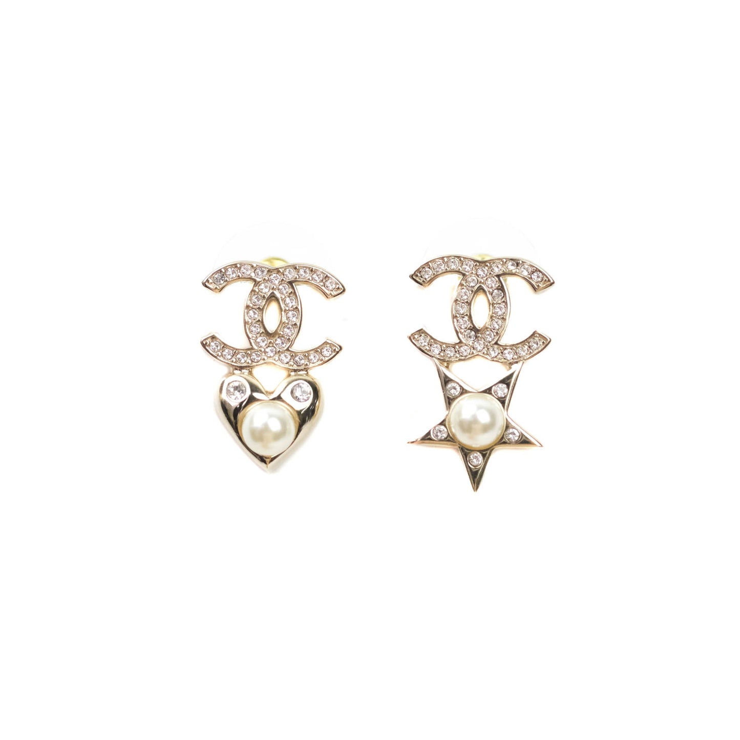 Chanel Crystal CC Pearl Star & Heart Earrings Light Gold Tone 21V