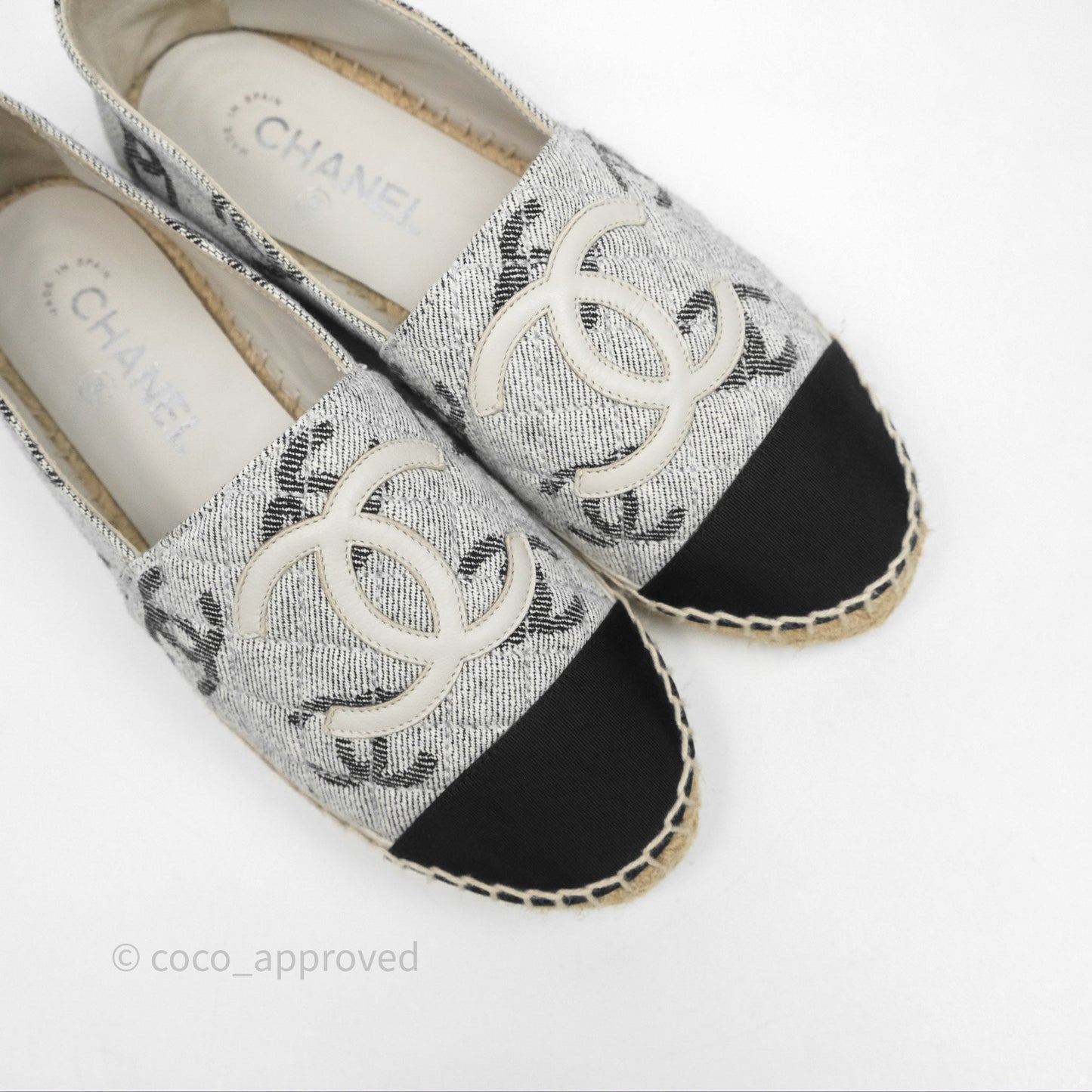 Chanel CC Espadrilles in Grey Cotton Jacquard Black Grosgrain 22S Size 38