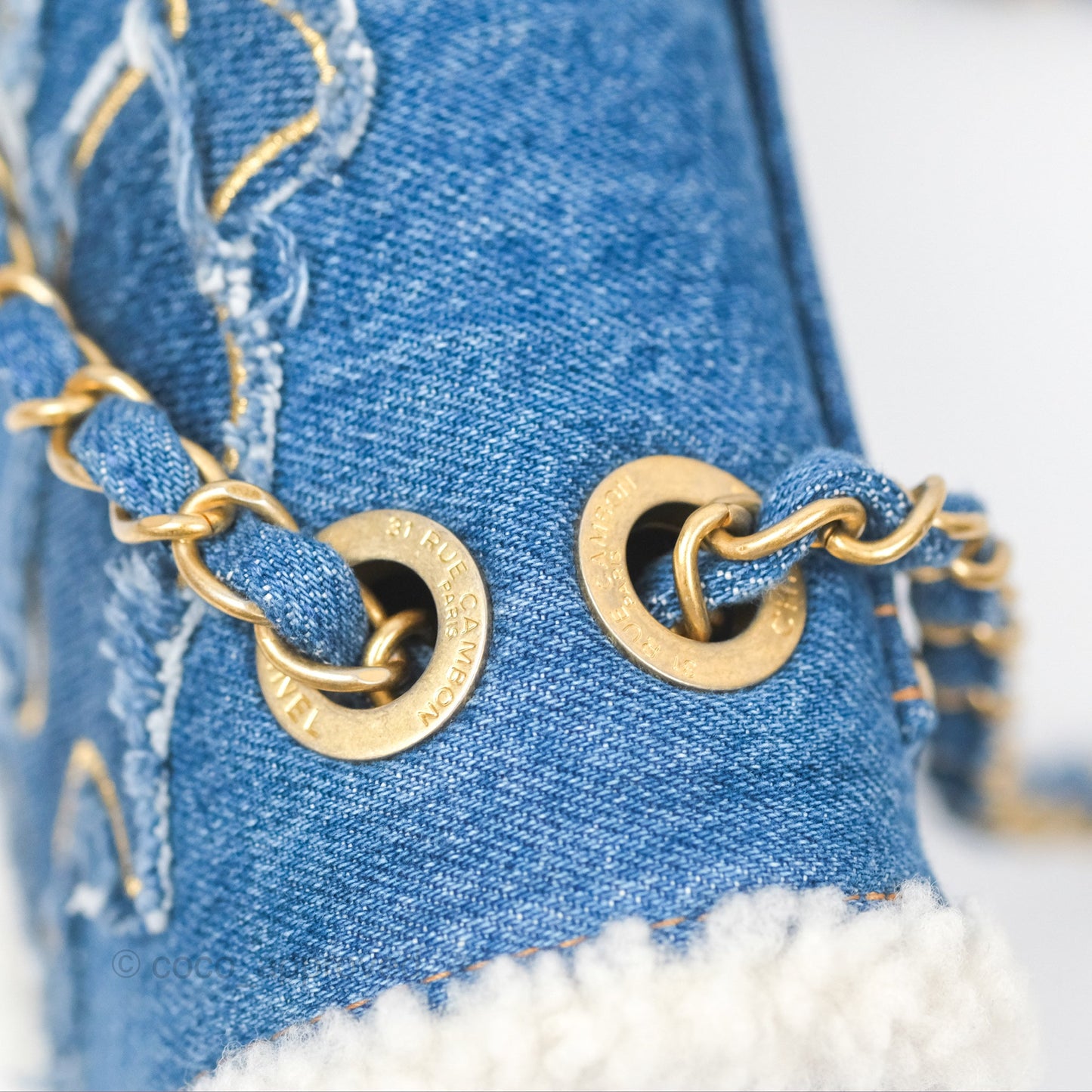 Chanel Medium Denim Shearling Hieroglyph Flap Bag Aged Gold Hardware