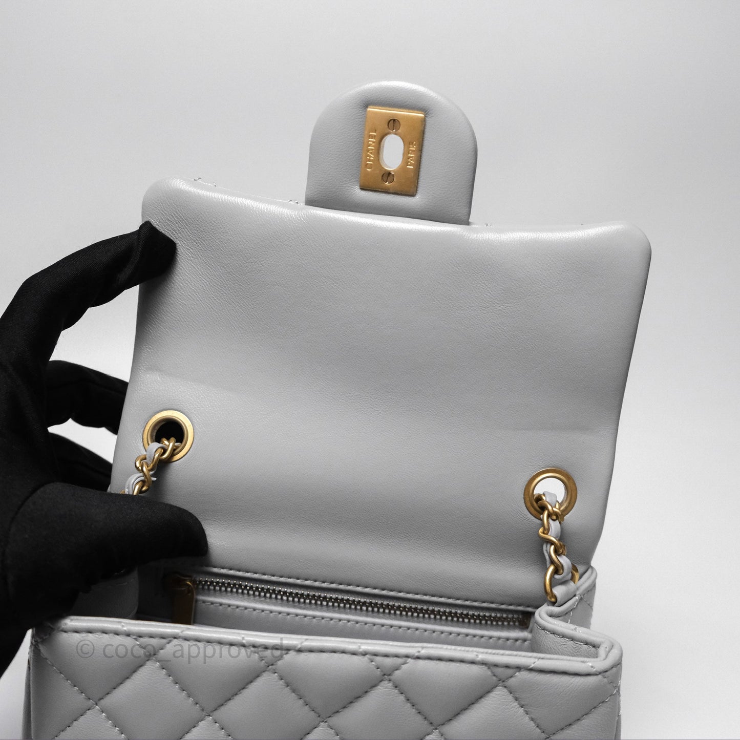Chanel Mini Square Pearl Crush Quilted Grey Lambskin Aged Gold Hardware