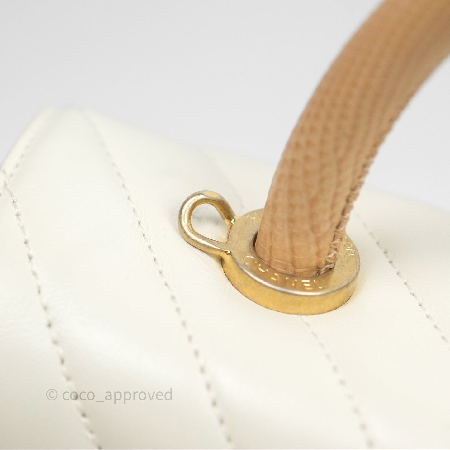 Chanel Medium Coco Handle Chevron Aged Calfskin Ivory Aged Gold Hardware Beige Lizard Handle