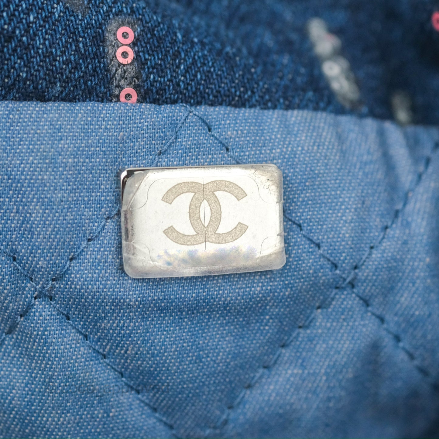 Chanel 22 Medium Denim Sequins Aged Silver Hardware
