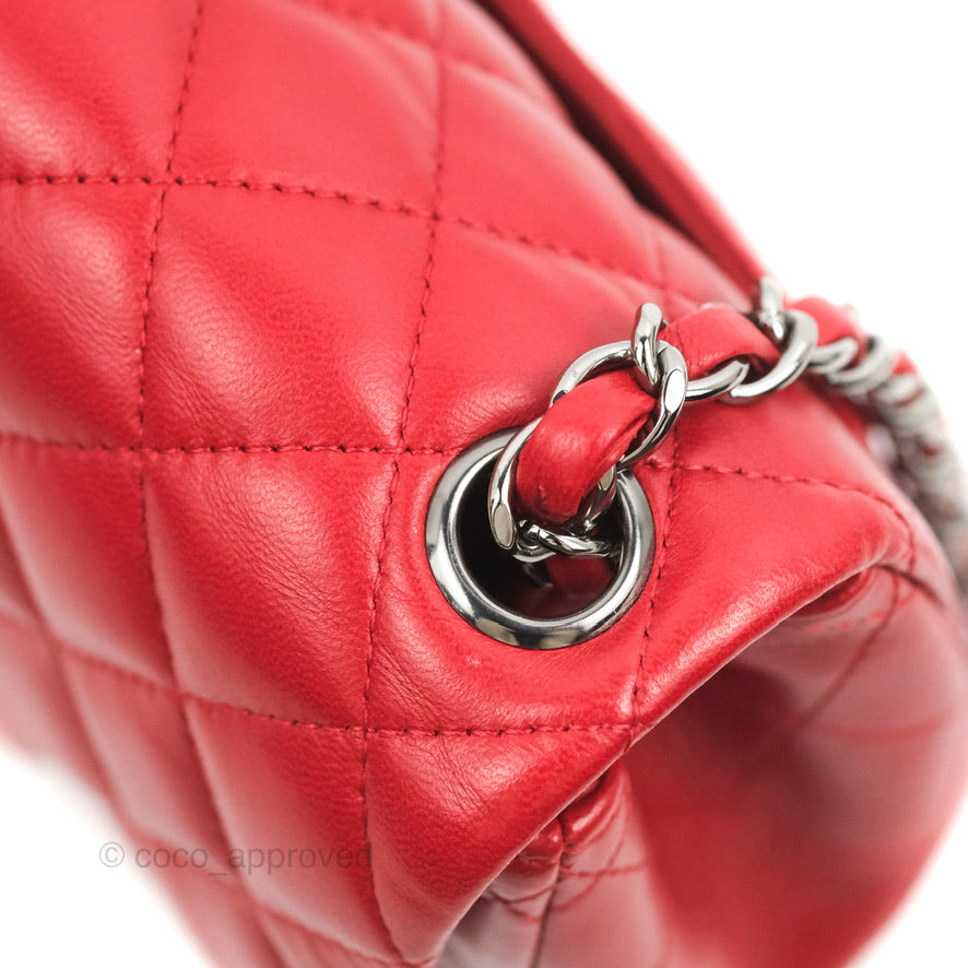 Chanel Quilted Mini Square Red Lambskin Gun Metal