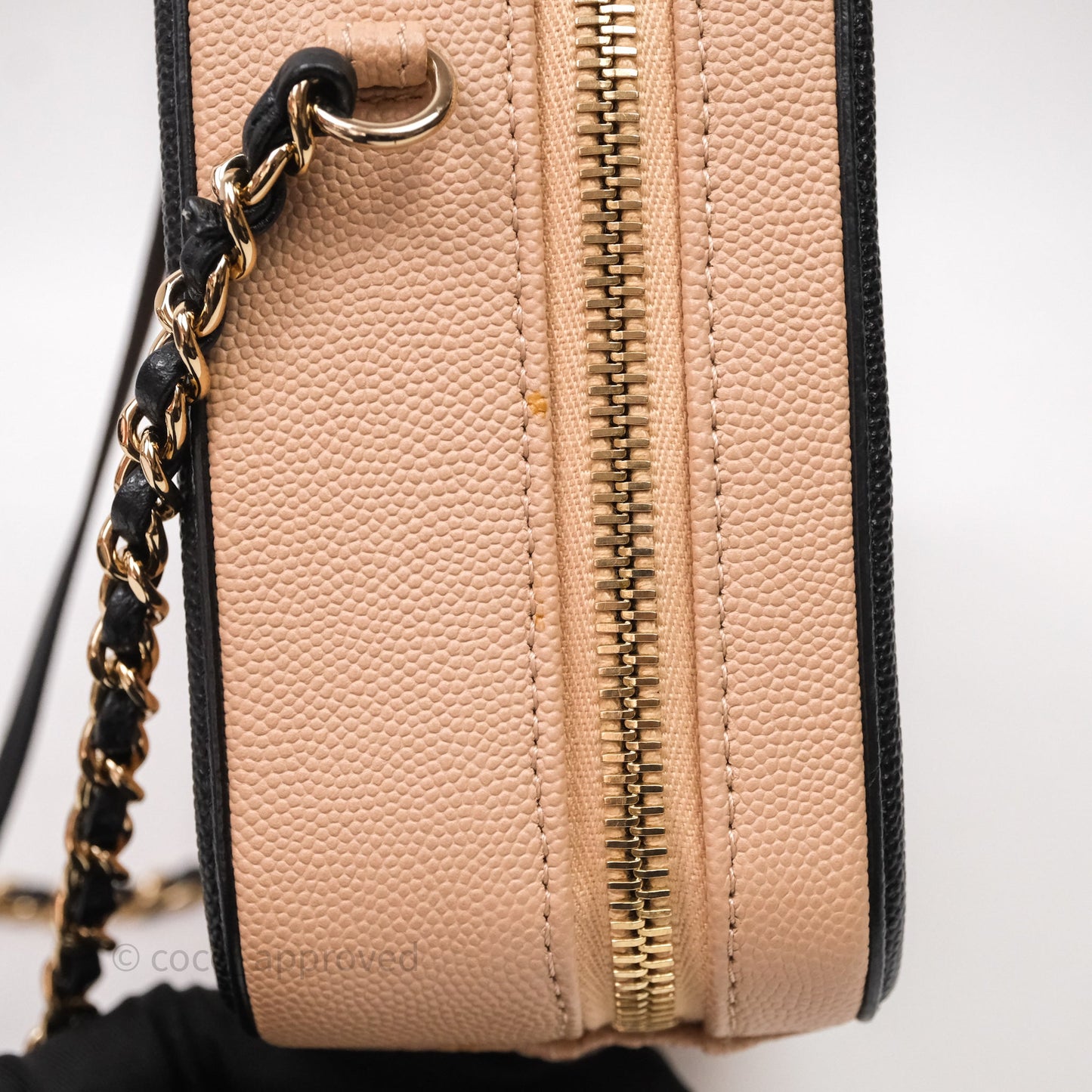 Chanel Quilted New Small CC Filigree Vanity Case Beige Caviar Gold Hardware
