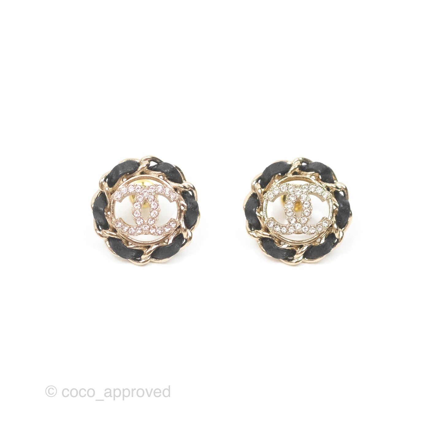 Chanel CC Crystal Woven Chain Black Round Earrings Gold Tone 24V
