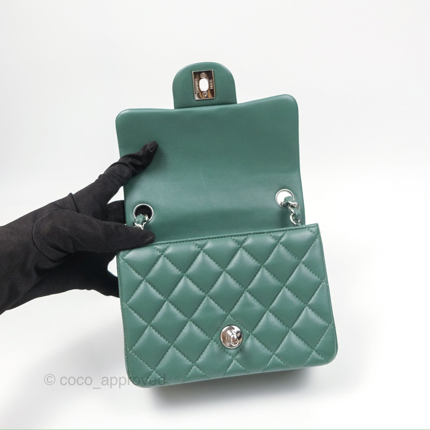 Chanel Mini Square Quilted Green Lambskin Silver Hardware