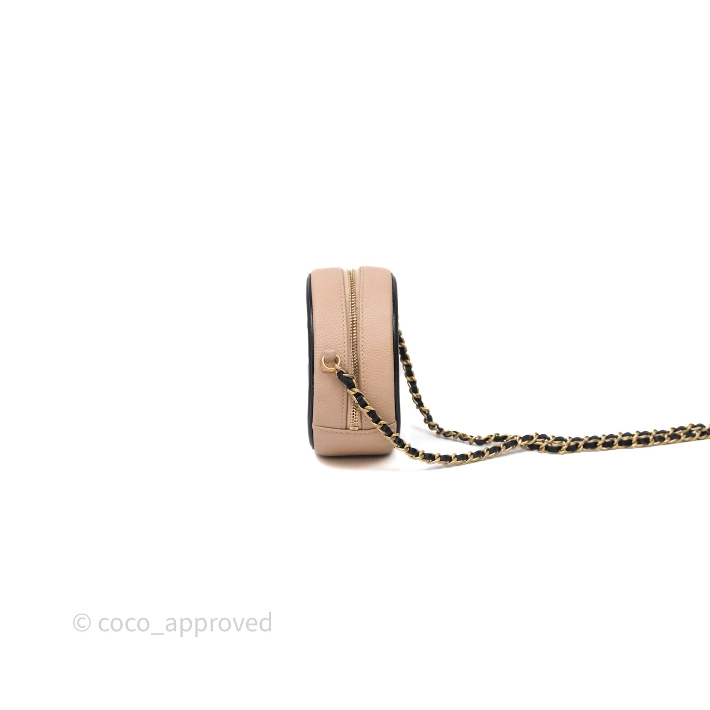 Chanel Quilted Round Filigree Clutch With Chain Beige/ Black Caviar Aged Gold Hardware