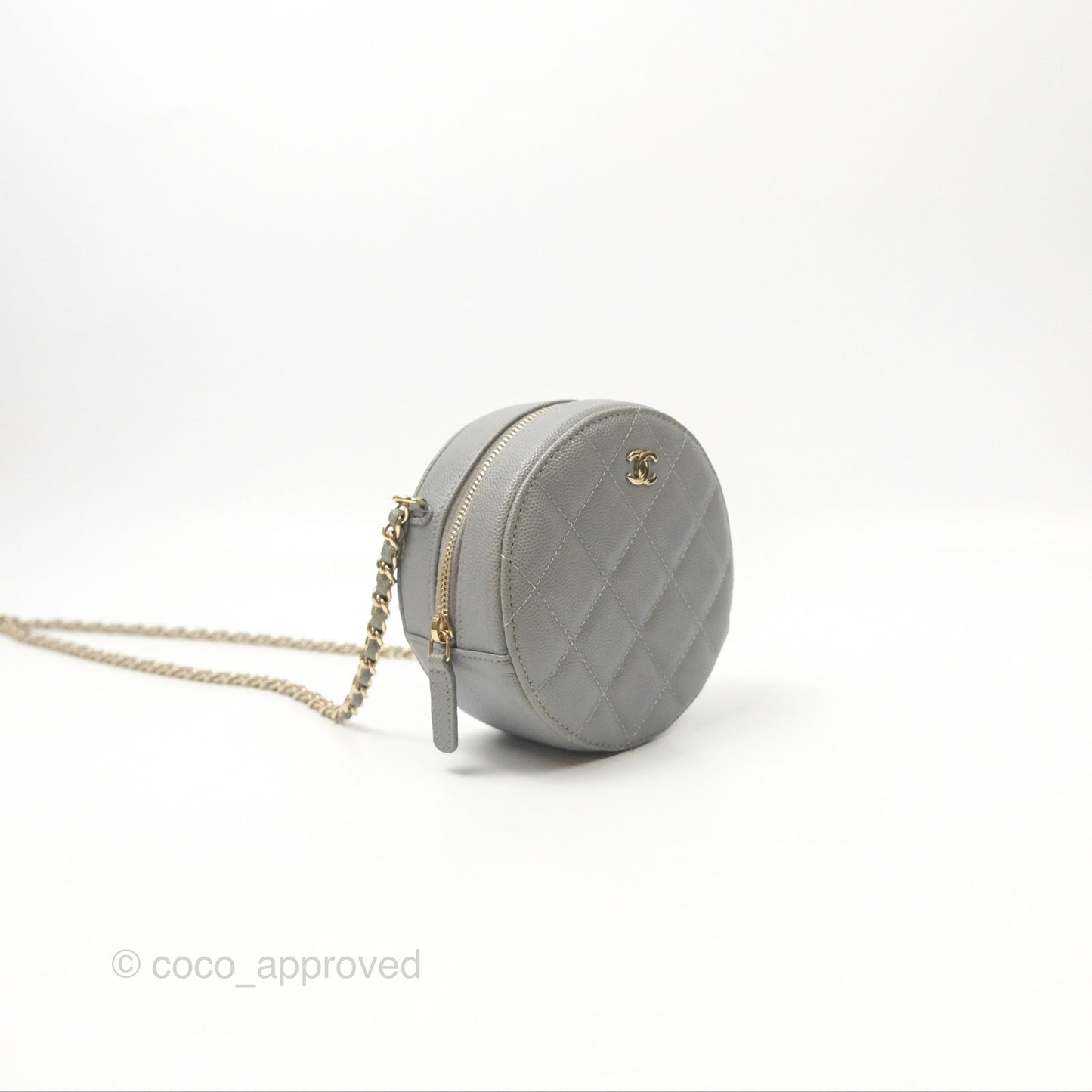 Chanel Classic Quilted Round Clutch With Chain Grey Caviar Gold Hardware