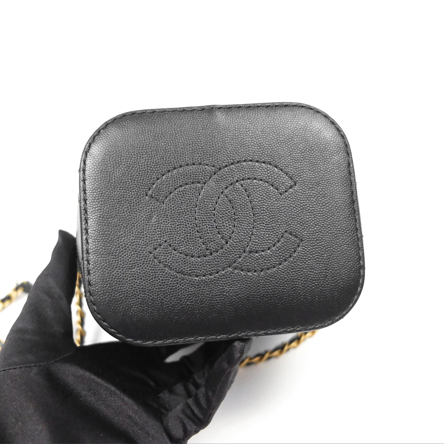 Chanel Drawstring Bucket Bag Quilted Black Caviar Aged Gold Hardware