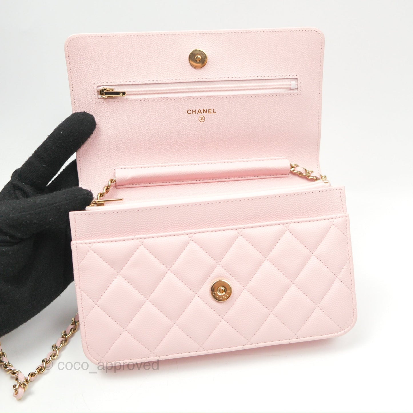 Chanel Quilted Classic Wallet On Chain WOC Pink Caviar Gold Hardware