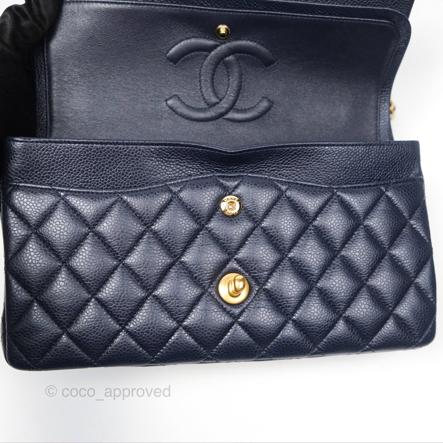 Chanel Classic M/L Medium Flap Quilted French Navy Caviar Aged Gold Hardware