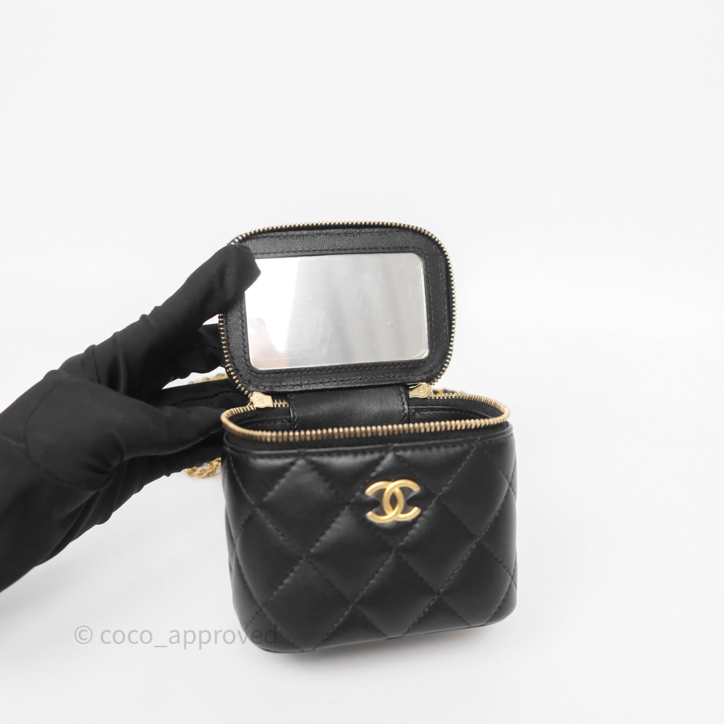 Chanel Mini Vanity With Double Chain Black Lambskin Aged Gold Hardware