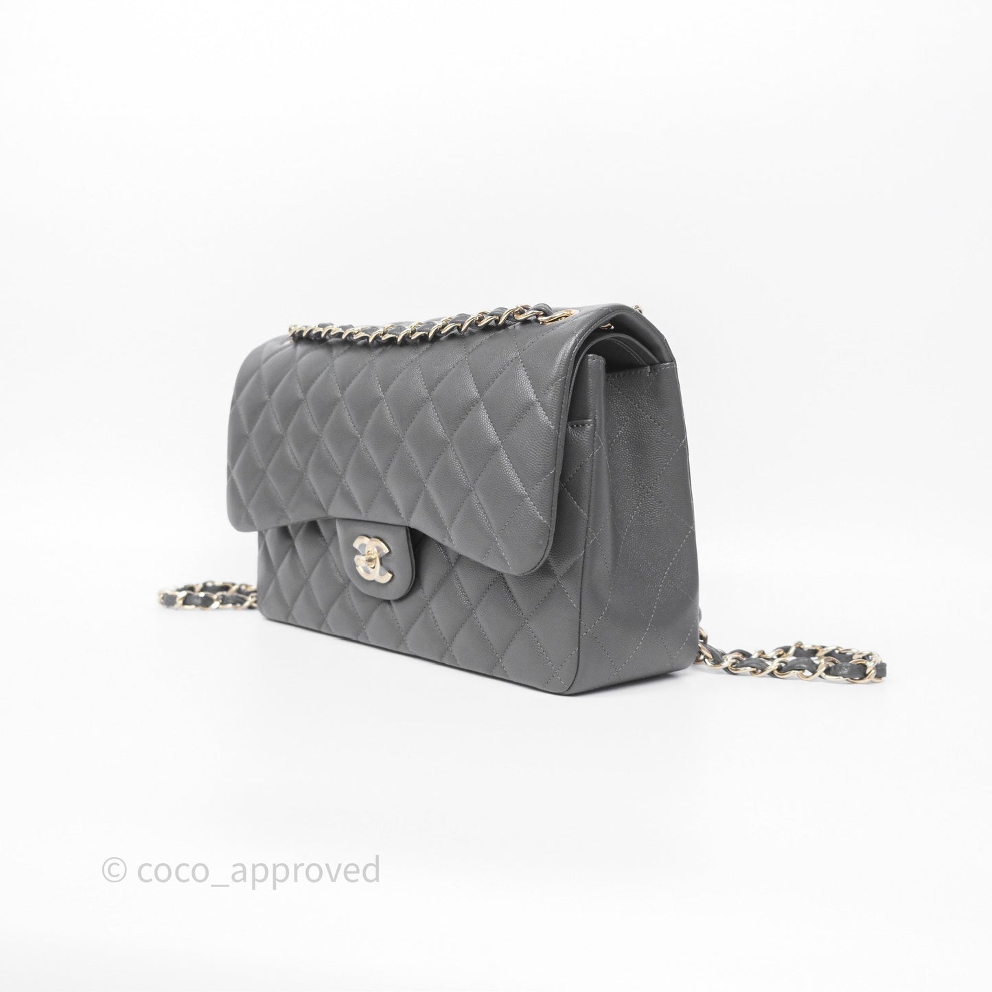 Chanel Jumbo Classic Double Flap Quilted Dark Grey Caviar Gold Hardware⁣⁣