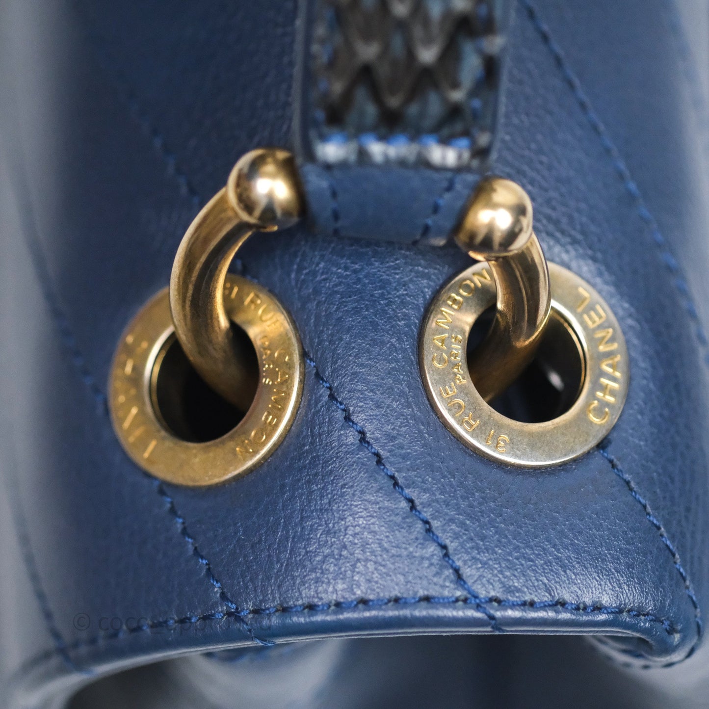 Chanel Small Chevron Python Chic Top Handle Flap Blue Calfskin Gold Hardware