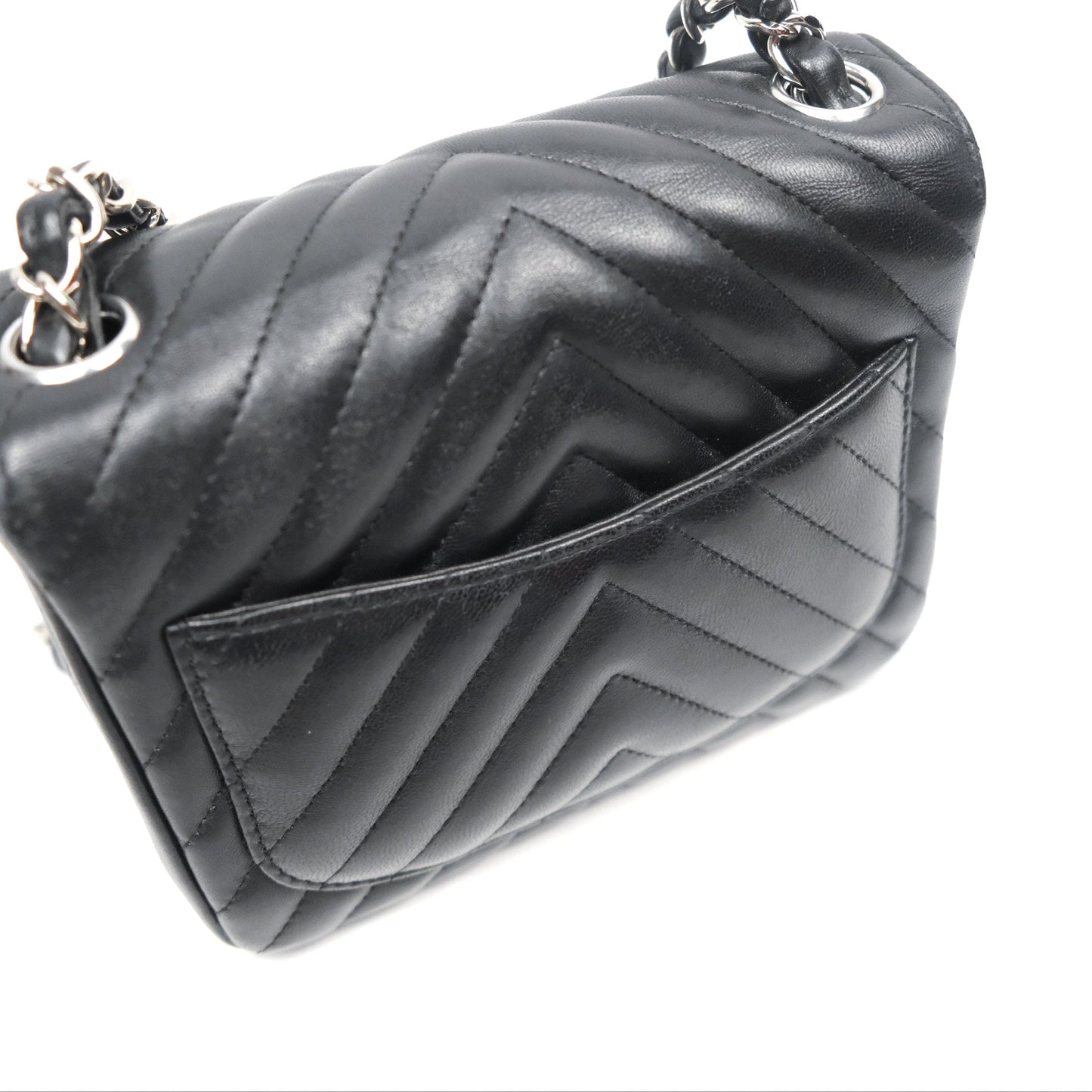 Chanel Mini Square Black Chevron Lambskin Silver Hardware
