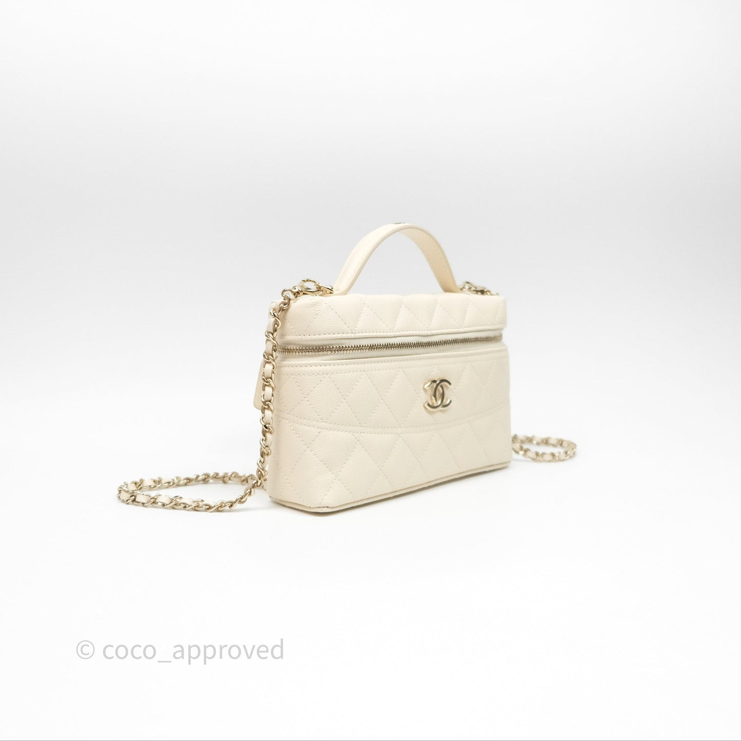 Chanel Top Handle Long Vanity with Chain Beige Caviar Gold Hardware 25C