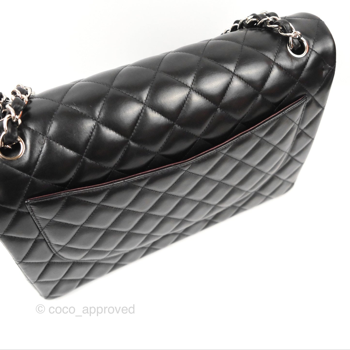 Chanel Quilted Maxi Double Flap Black Lambskin Silver Hardware