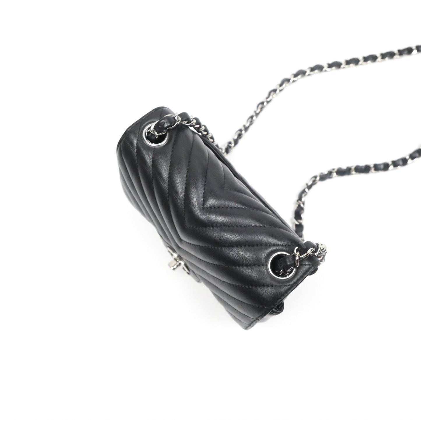 Chanel Mini Square Black Chevron Lambskin Silver Hardware