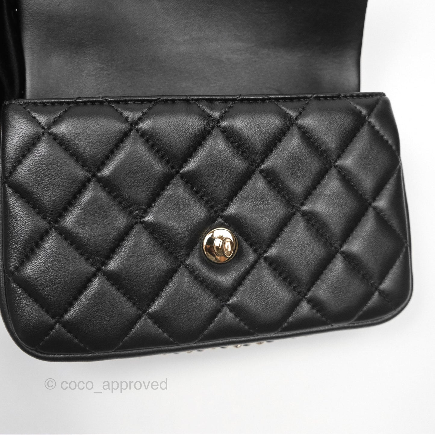 Chanel Logo Pearl Chain Flap Bag Black Lambskin Gold Hardware
