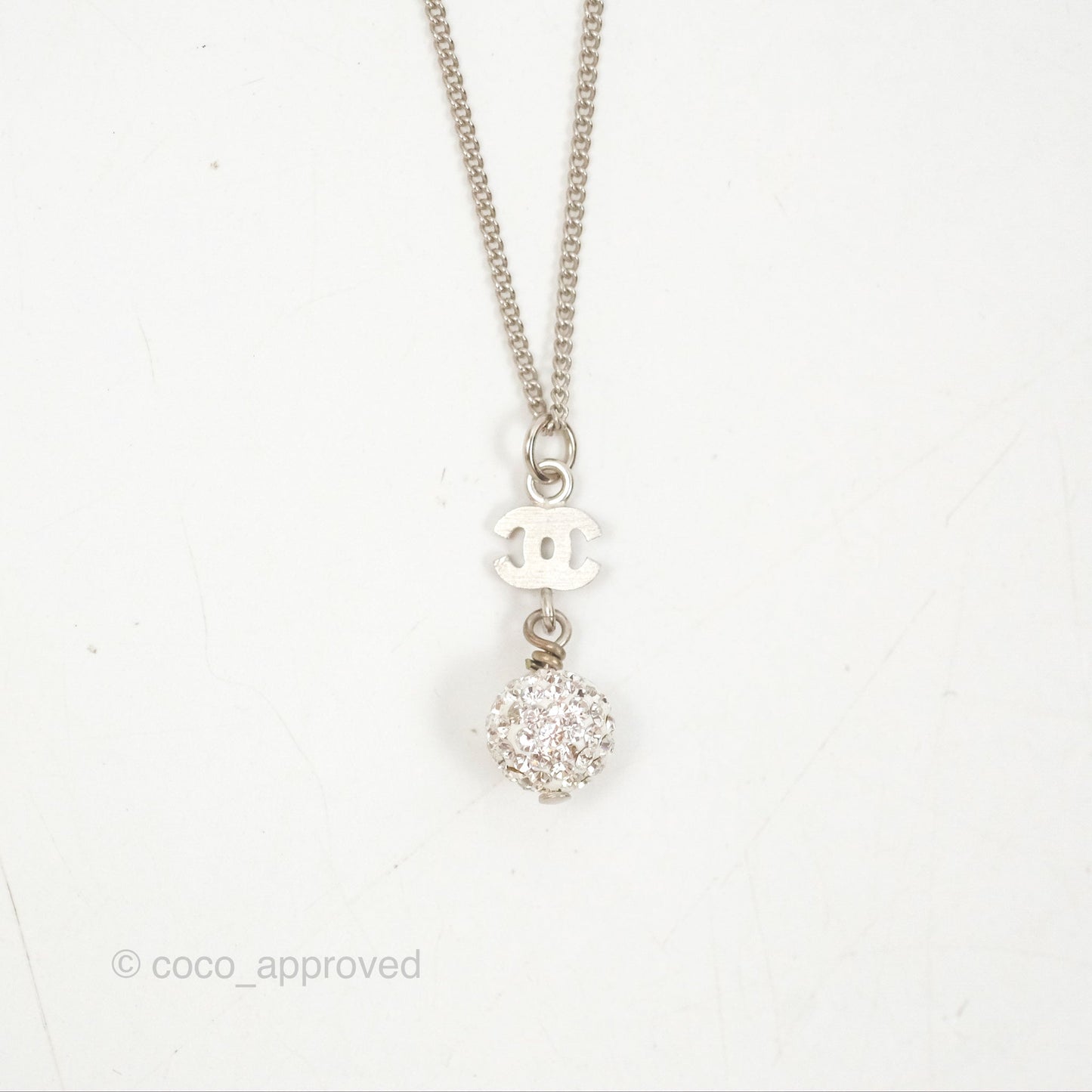 Chanel Crystal CC Pearl Drop Necklace Silver Tone 11P