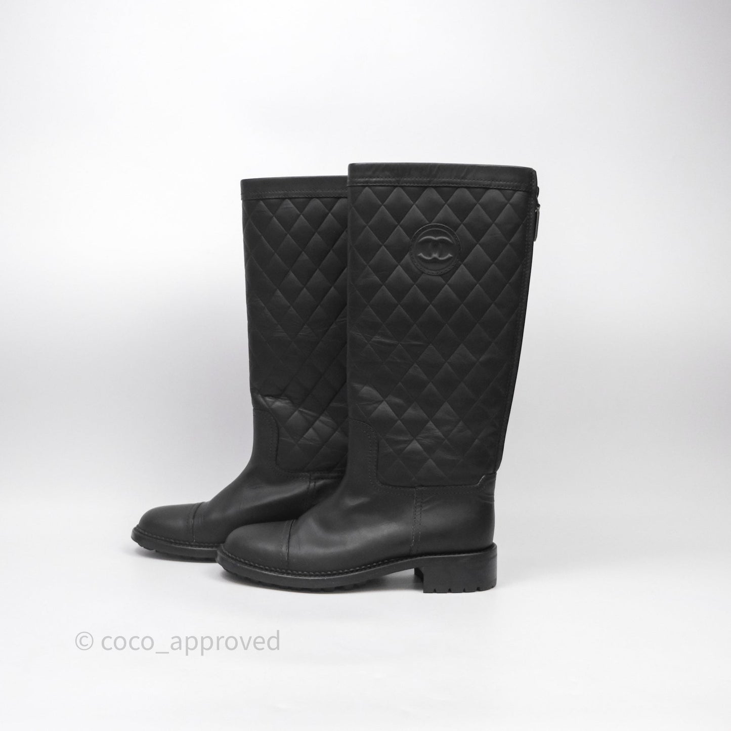 Chanel CC Quilted Knee High Boots Black Calfskin