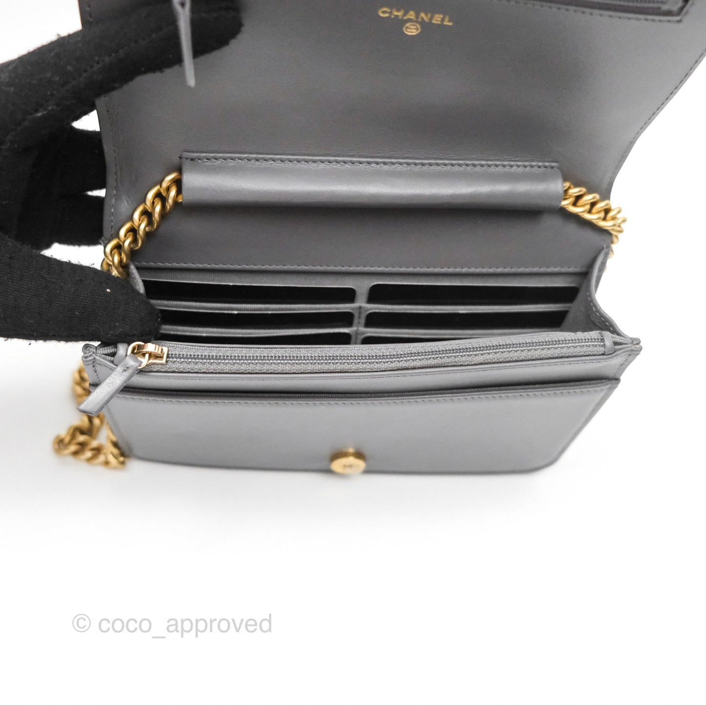 Chanel Quilted Boy Wallet on Chain WOC Grey Caviar Aged Gold Hardware