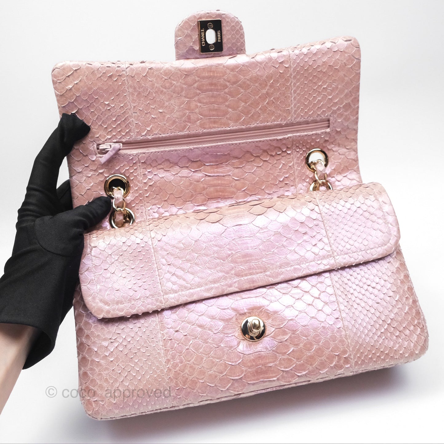 Chanel Classic M/L Medium Flap Quilted Iridescent Pink Python Gold Hardware