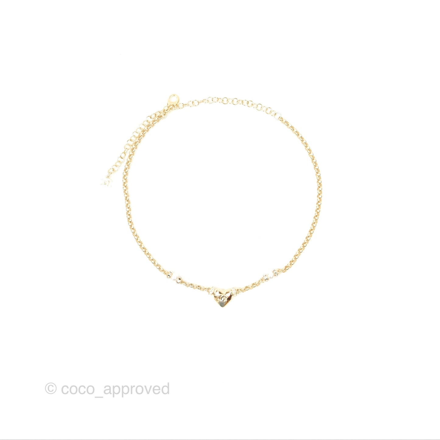 Chanel Crystal Pearl Heart CC Necklace Gold Tone 24P