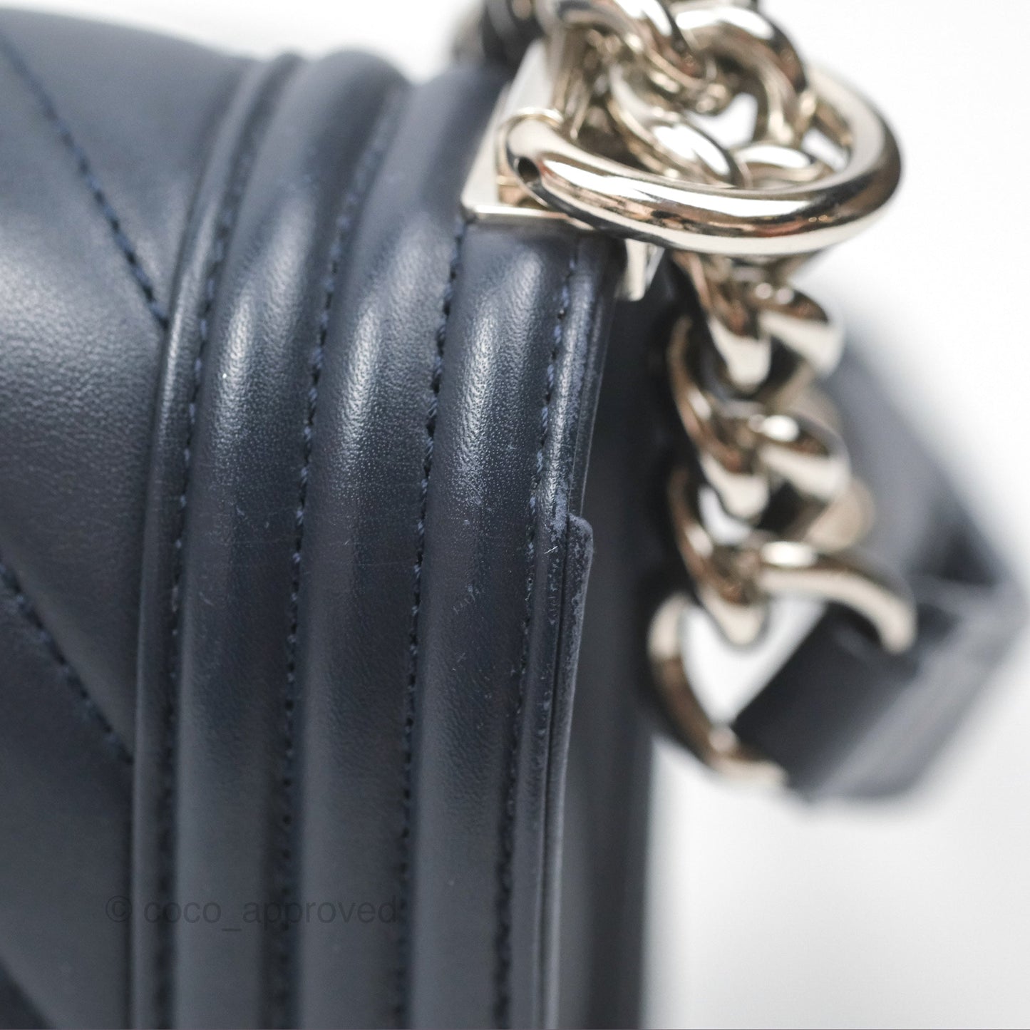 Chanel Small Chevron Boy Navy Calfskin Silver Hardware